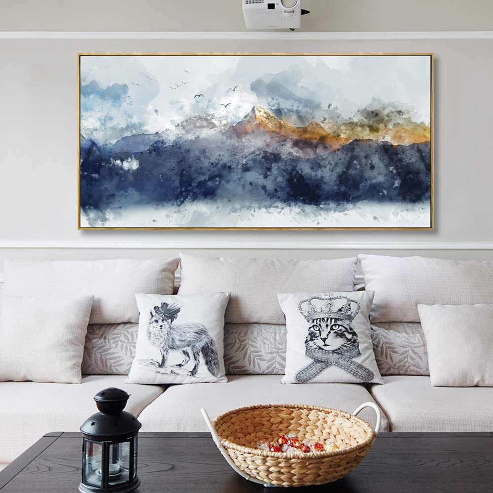 vgrozirh Framed Ready to Hang Wall Art Blue Clouds Yellow Mountain Peaks Indigo Ink Abstract Mountain Landscape Artwork Canvas Painting Prints for Living Room Bedroom Office Large Decor 24"x48"