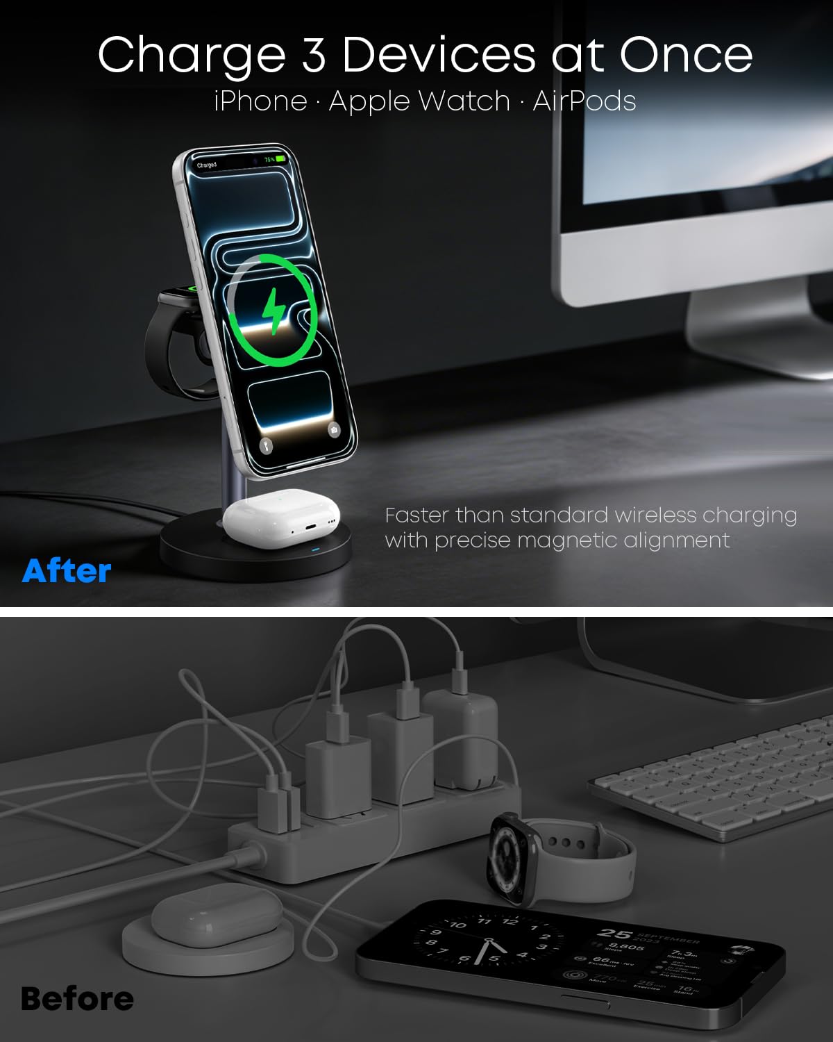 3 in 1 Magnetic Wireless Charging Station, 15W Fast Charger Stand for iPhone, Phone Charger Stand for Desk Nightstand, for iPhone 17/16/15/14/13/12, Apple Watch & AirPods, 18W Adapter Included -Black