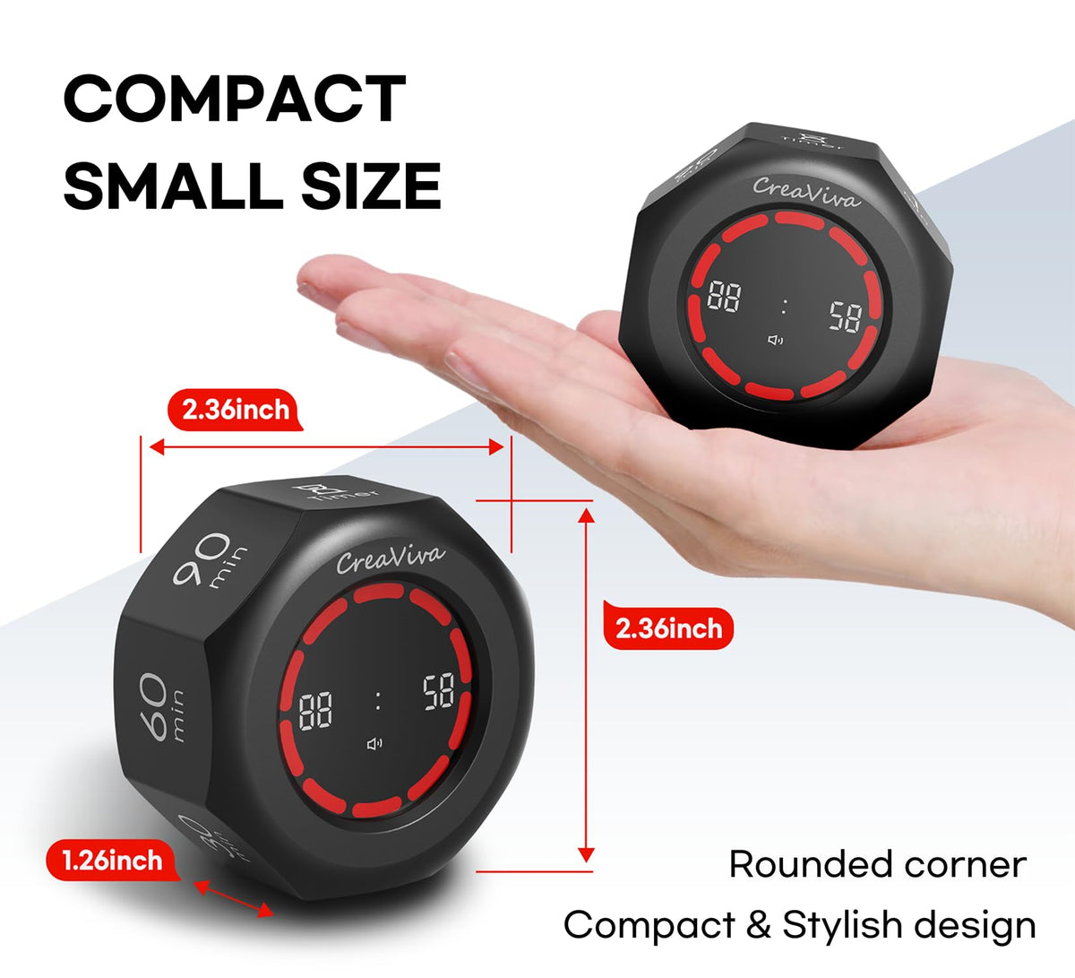 CREAVIVA Flip Cube Pomodoro Timer - Rechargeable Visual Countdown & Count Up Stopwatch, 7 Preset Intervals, 3 Alarm Modes, Productivity Tool for ADHD, Kids, Study, Work & Kitchen (Gray)