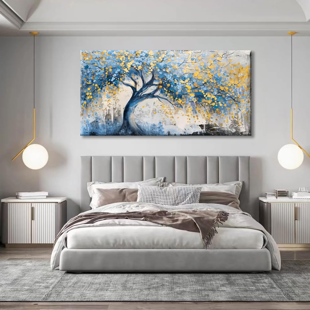 Wall Art Tree of blue Life Abstract Canvas Painting Textured Picture, Modern Landscape Artwork Framed for Living Room Bedroom Bathroom Office Home Decor 40x20in