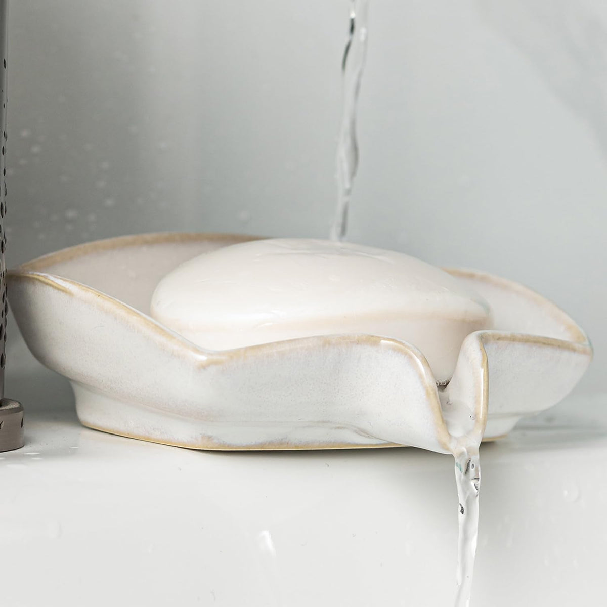 Soap Dishes, Ceramic Shower Soap Dish with Waterfall Design Bar Soap Holder Self Draining Soap Saver for Shower, Bathroom, Sink, Kitchen and Countertop, Beige White