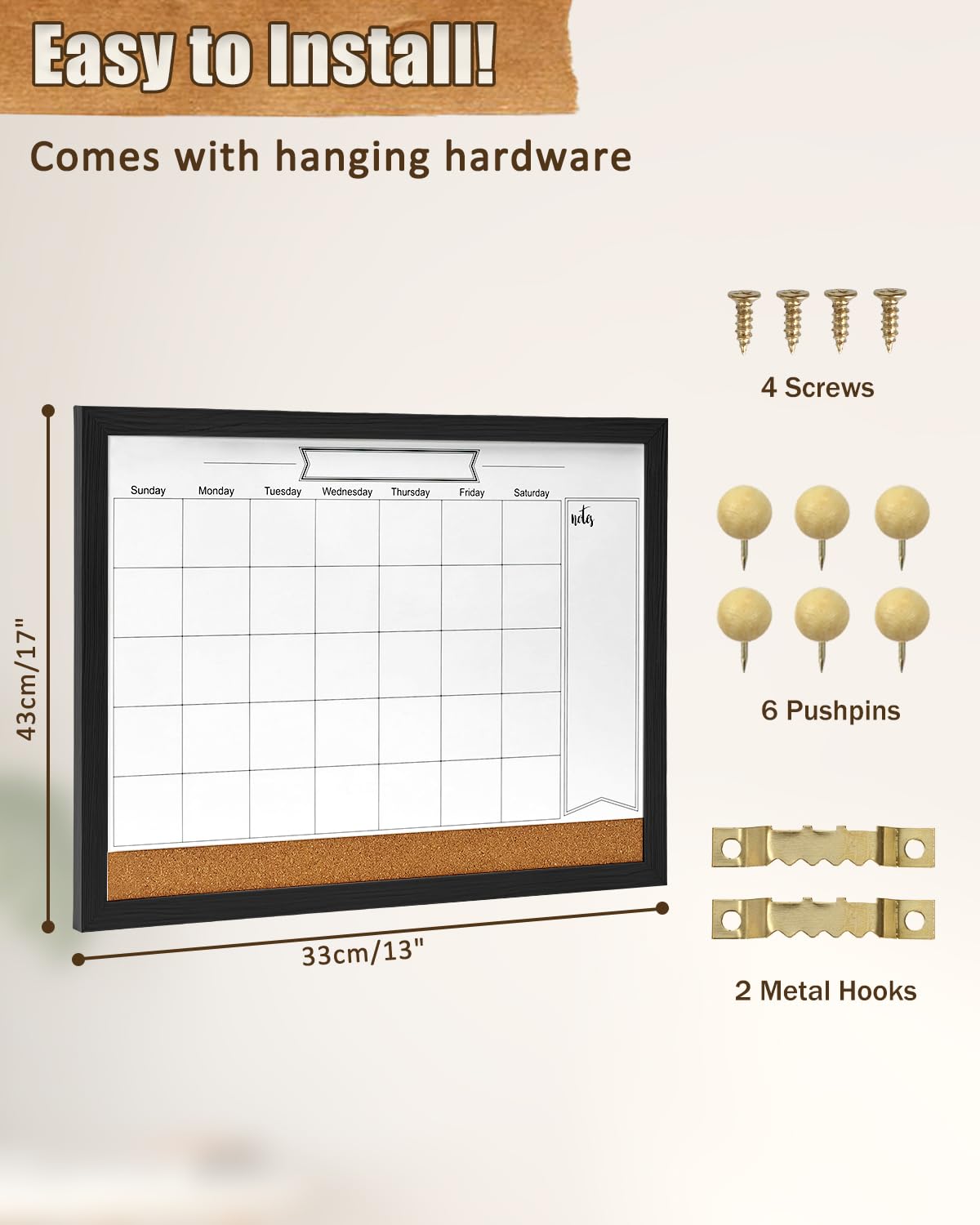 Dry Erase Calendar Whiteboard for Wall, Magnetic 13" x 17" Combination Dry Erase Board & Bulletin Board, 2in1 White Board Cork Board Combo(Black)
