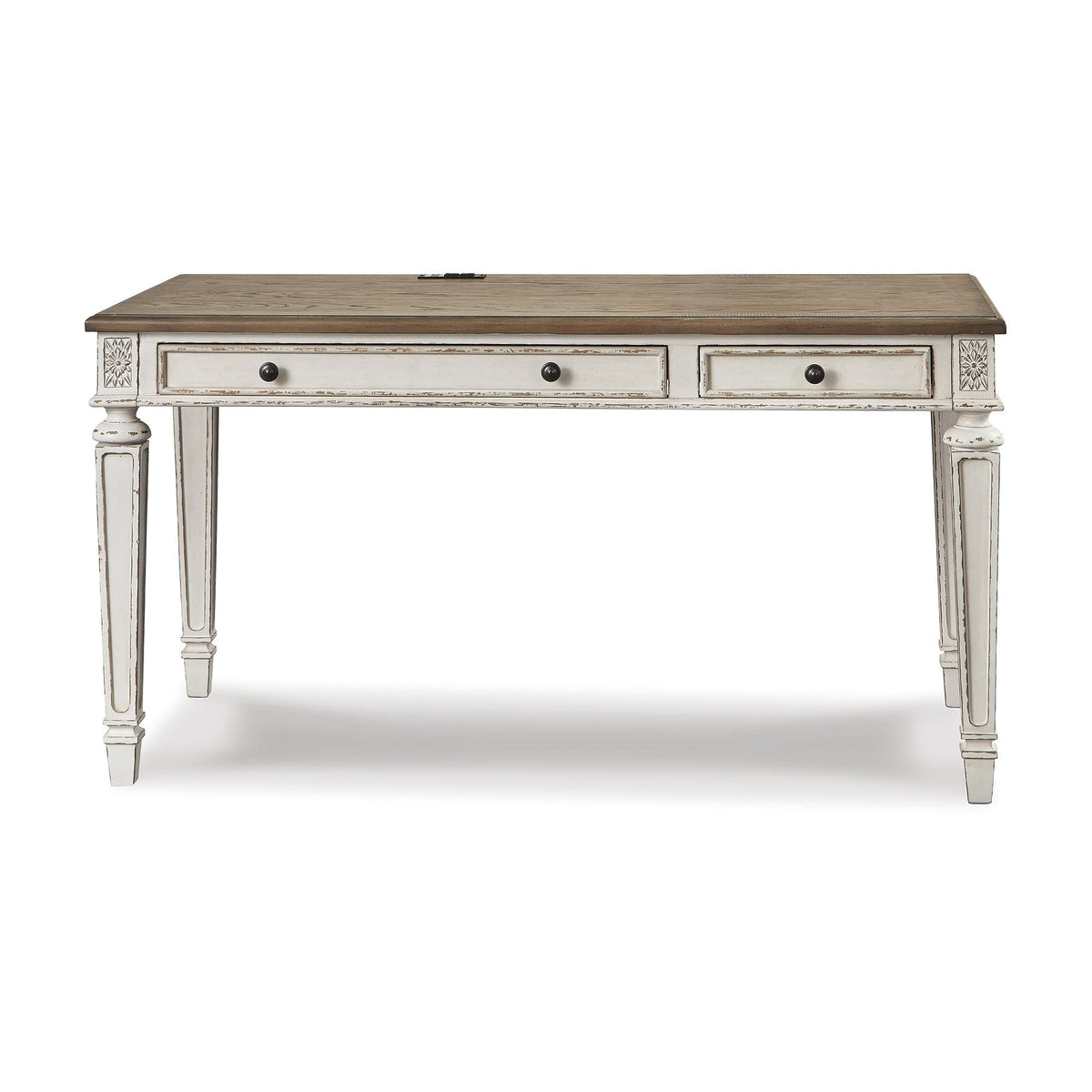 Signature Design by Ashley Realyn Farmhouse Home Office Desk, 2 Drawers, Drop-down Drawer, USB Charging, Wood, 60" W x 28" D x 31" H, Chipped White and Brown