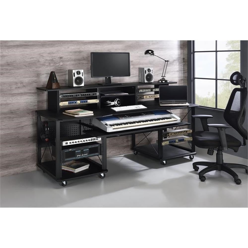 BOWERY HILL Music Desk, 72" L x 30" W x 40" H, Metal and MDF with Black Finish, Shelves and Compartments, Pull-Out Keyboard Tray, Cord Management, Multi-Function Desk for Home Studio or Office Use