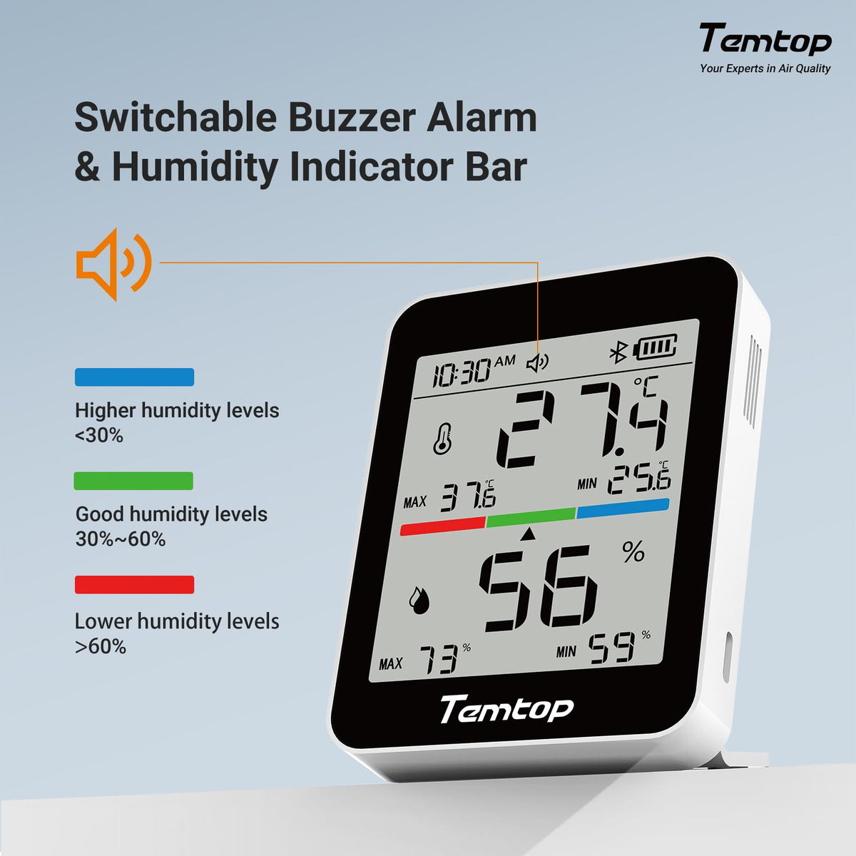 Temtop Humidity Meter T1, Indoor Thermometer for Room Temperature, Bluetooth Hygrometer with Notification Alerts, Data Export, Digital Gauge for Home, Office, Greenhouse, Garage, Baby Nursery, Gift