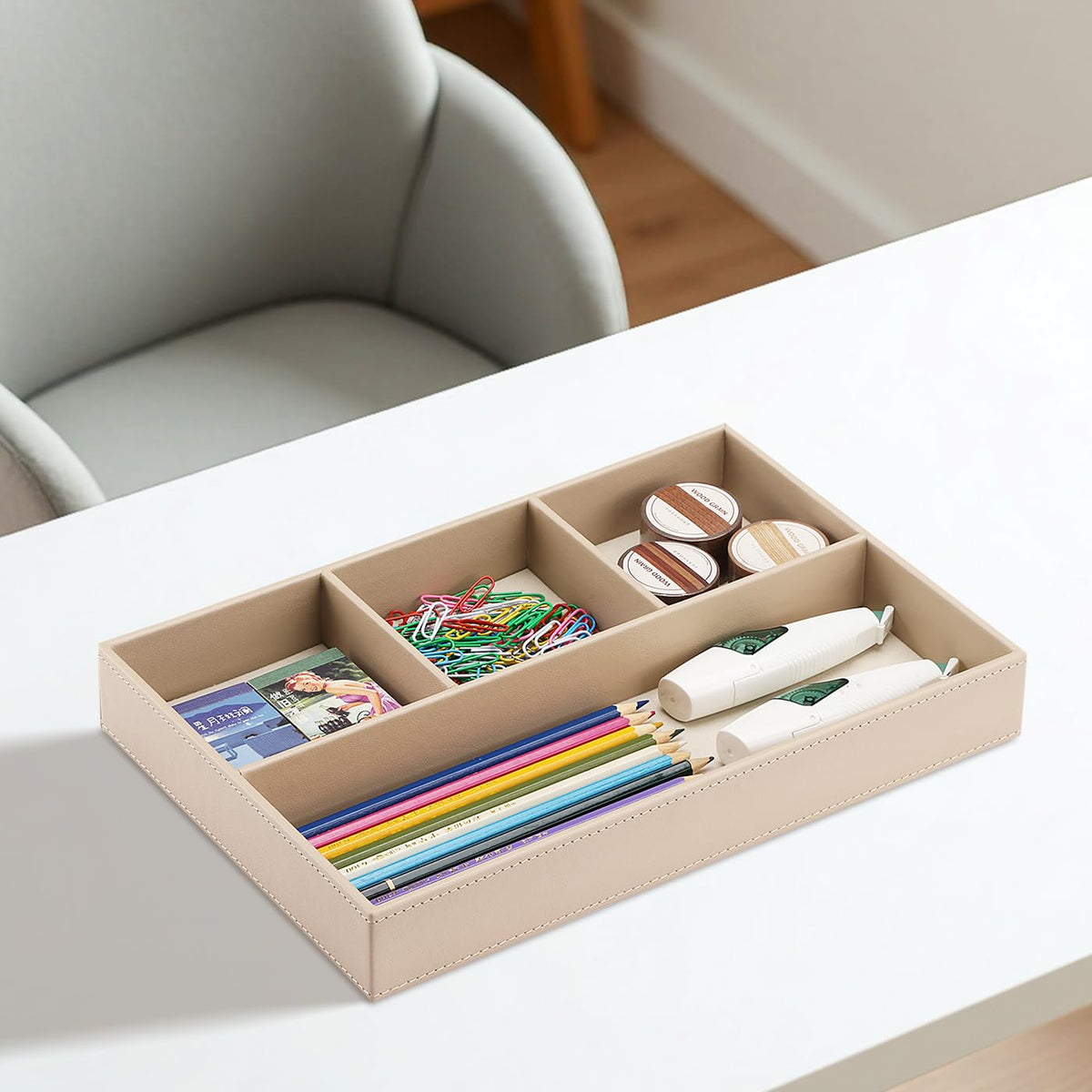 KINGFOM 4-Slot Leather Drawer Tray Desk Stationery Sundries Organizer Storage Box Pen Pencil Holder Case Container (Dark Beige)