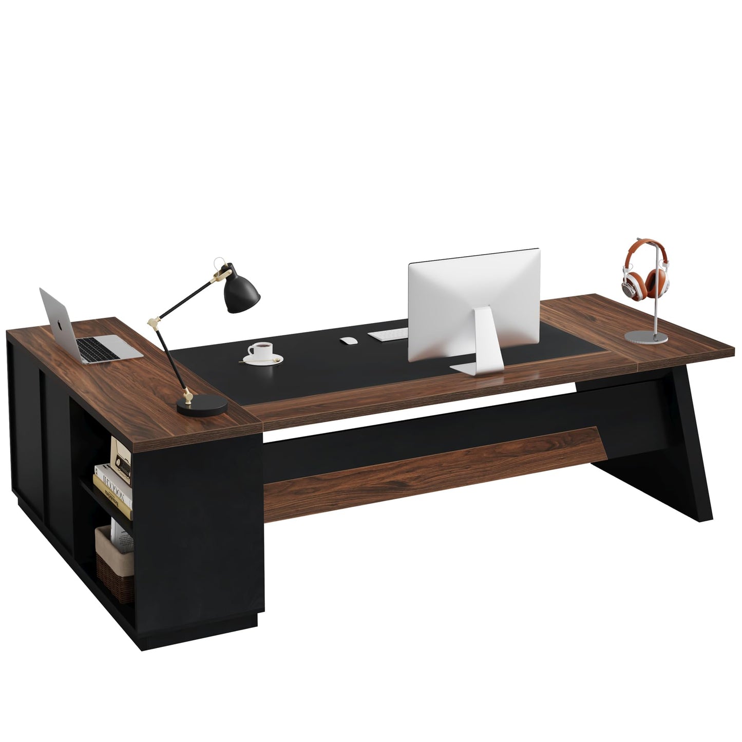 Tribesigns L-Shaped Executive Desk, 78-Inch Large Office Desk with Drawers and Lateral File Cabinet, Modern Business Furniture with Storage Shelves, Workstation for Home Office (Walnut + Black)