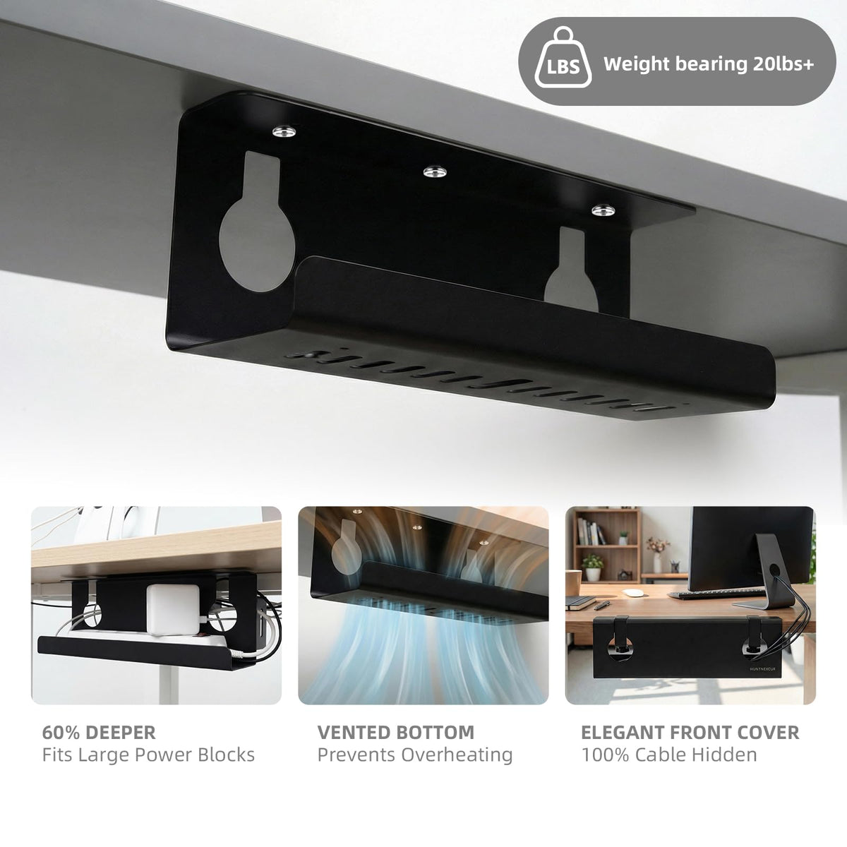 No Drill Under Desk Cable Management Tray with Clamp, Home/Office Desk Cord Organizer and Accessories Storage Shelf, 17'' Metal Cable Organizer for Standing/Gaming Desk, Office Supplies, Black 1 Set