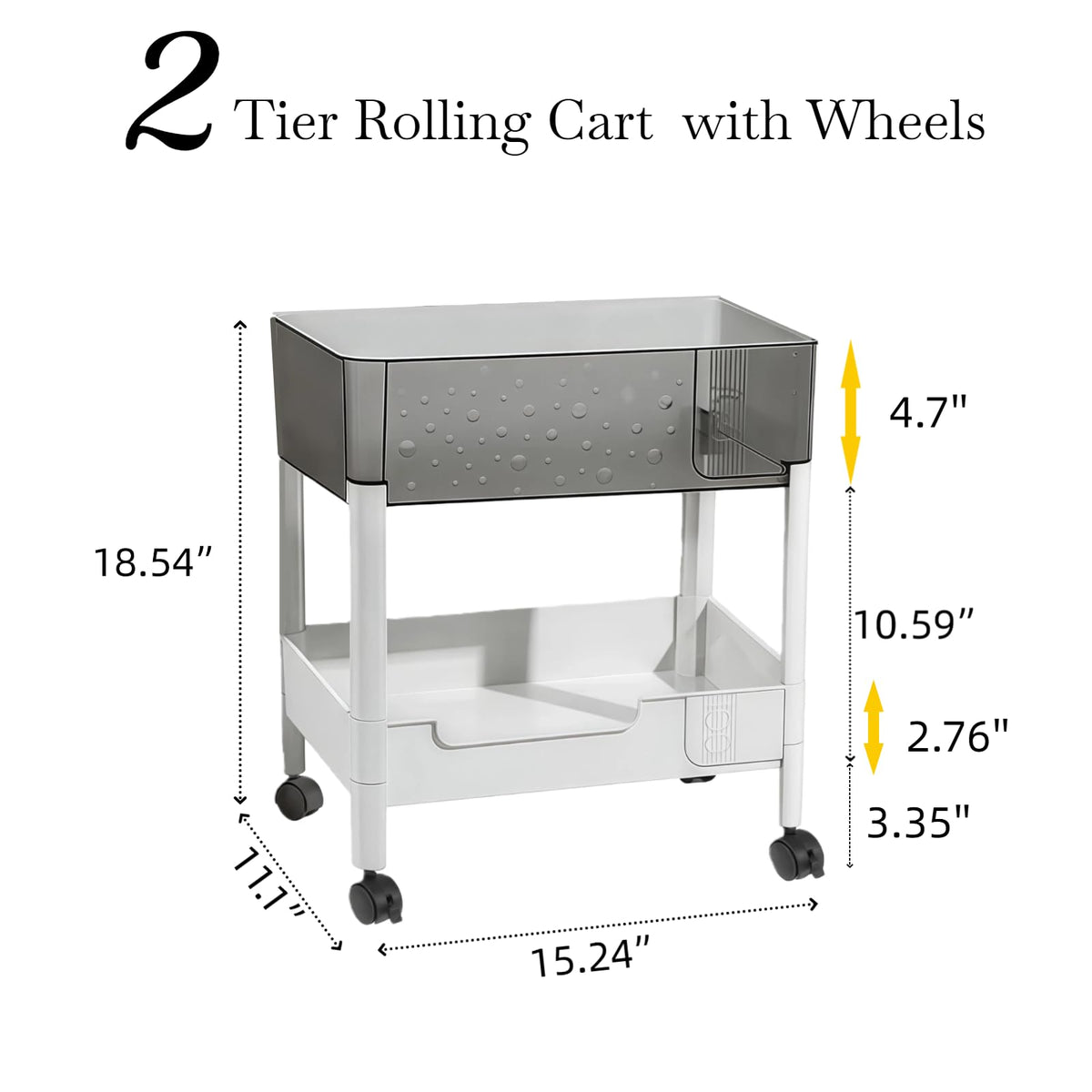 2 Tier Rolling Cart with Wheels for Under Desk Storage, Heavy Duty Plastic Short Small Utility Cart for Small Space Bathroom Vanity Makeup Organizer Pantry, 4.7'' Deep Baskets for Tall Bottles