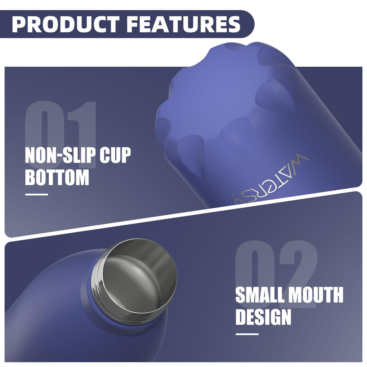 WATERSY Stainless Steel water bottles,17oz/500ml Insulated Water Bottles,Deep Blue metal water bottle Keeps Drink Cold and Hot,BPA Free kids water bottles for School,Gym,Travel,Sports