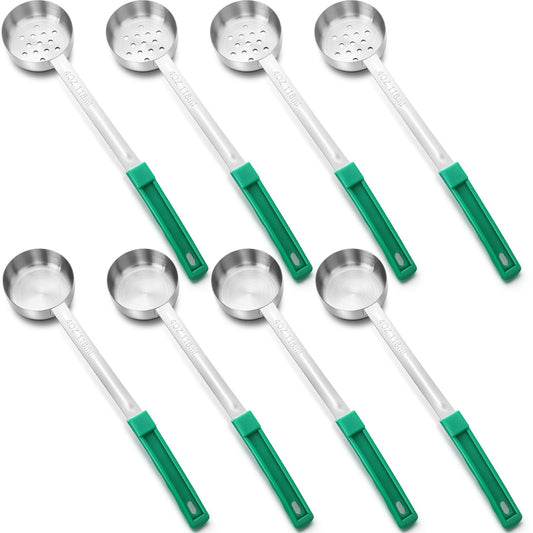 Teenyyou 8 Pcs Portion Control Serving Spoons Portion Scoops Cups Solid and Slotted Stainless Steel Ladle Spoon for Food, Serving Utensils Set for Parties(Green,4 oz)