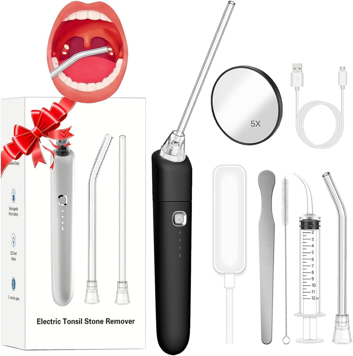 Electronic Vacuum Tonsil Stone Remover - Tonsil Stone Removal Kit - Free Instant Suction - Include Oral lamp, Oral Irrigator, 5X Magnifying Mirror, Instant Suction Tonsil Stone Removal Tool (Black)