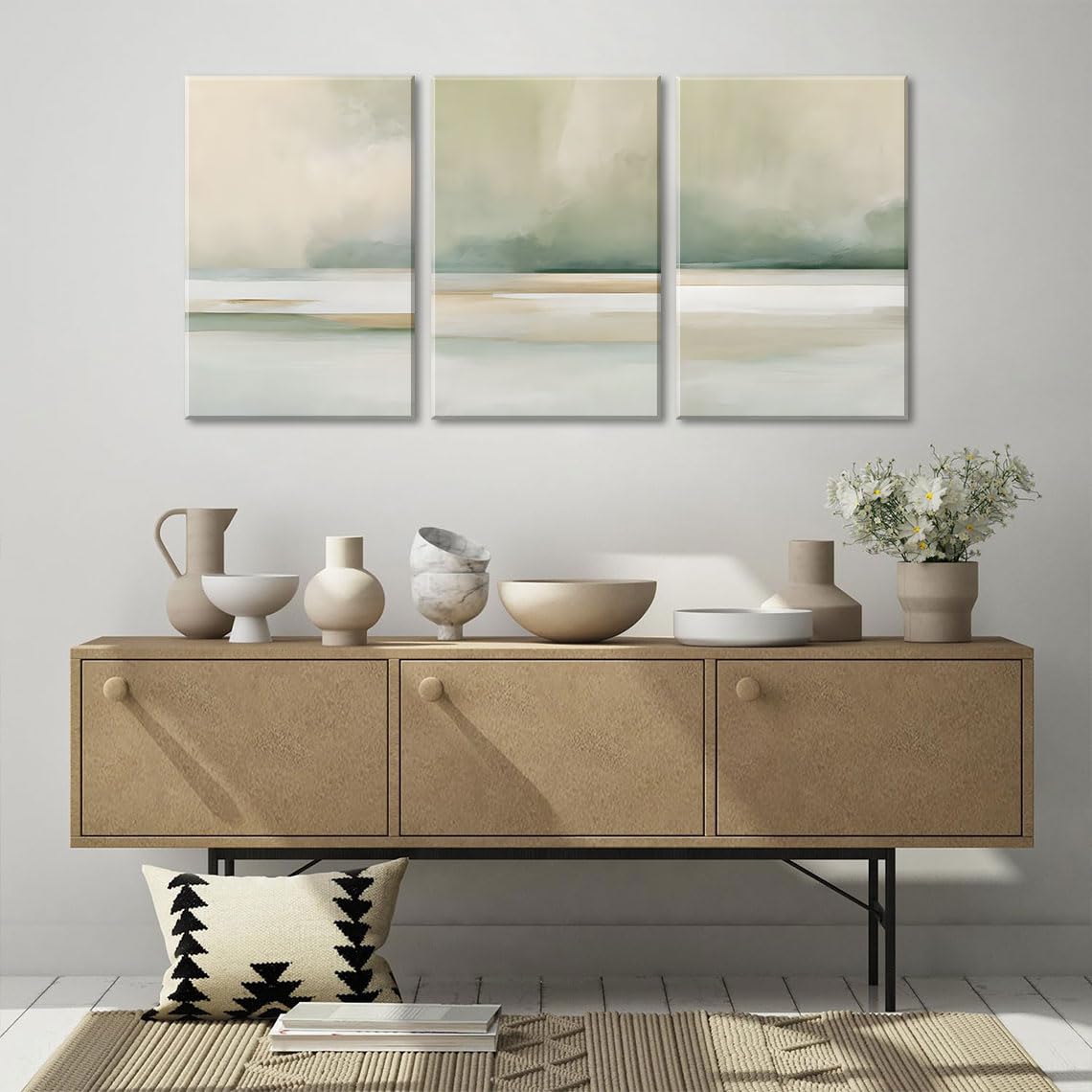 3Pcs Sage Green Canvas Wall Art Modern Neutral Abstract Wall Decor Pictures Minimalist Green Tan Posters Prints for Living Room Bedroom Home Decoration, 12x16in