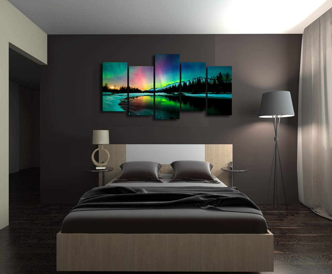 S01927 5 Pieces Wall Art Aurora scenery Painting on Canvas Stretched and Framed Canvas Paintings Ready to Hang for Home Decorations Wall Decor