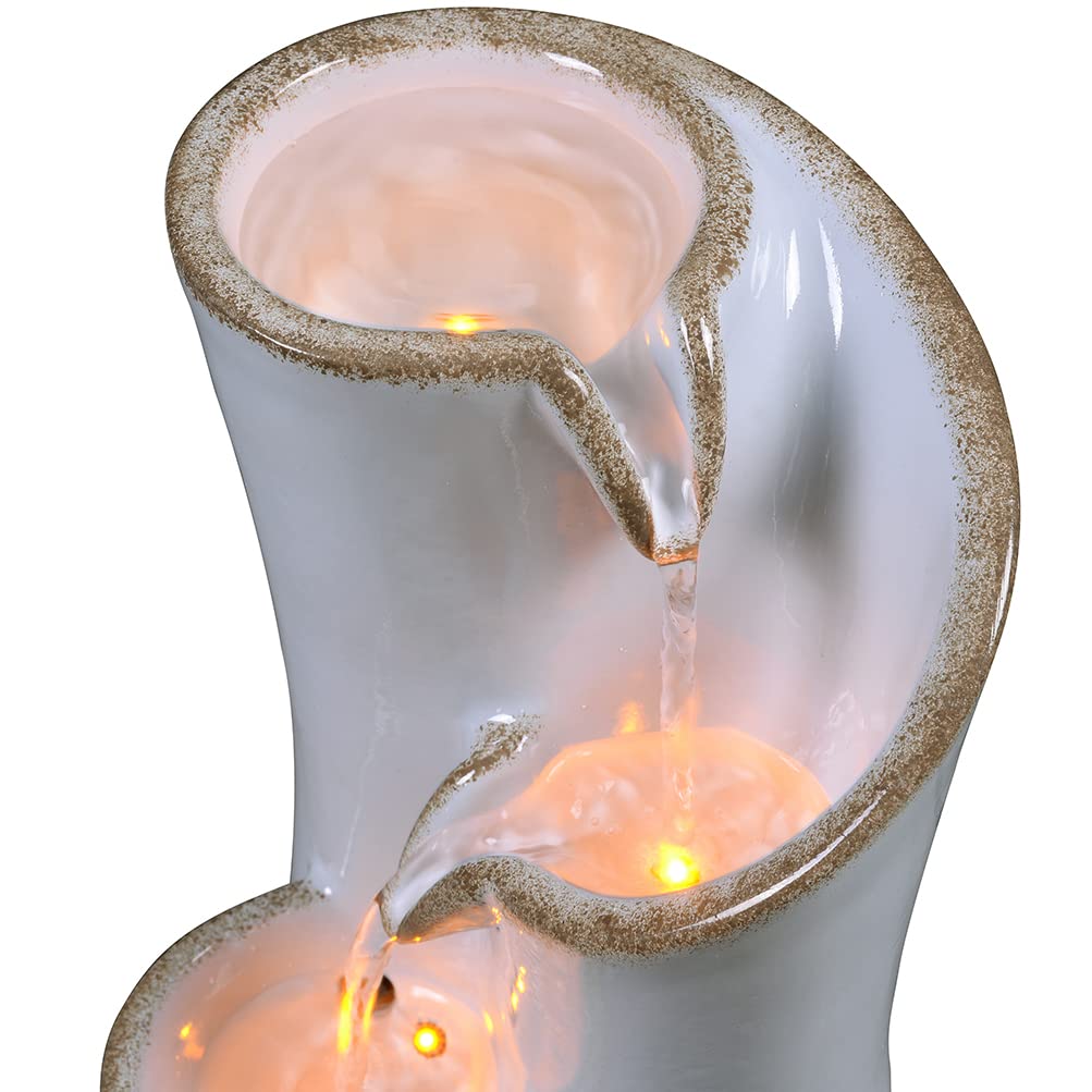 Haobos Indoor Water Fountain Imitation Ceramics Appearance Tabletop Fountain Relaxation Desktop Waterfall w/ 3 Reflective led, 9.8 Inch Tall Fountain (Grey)
