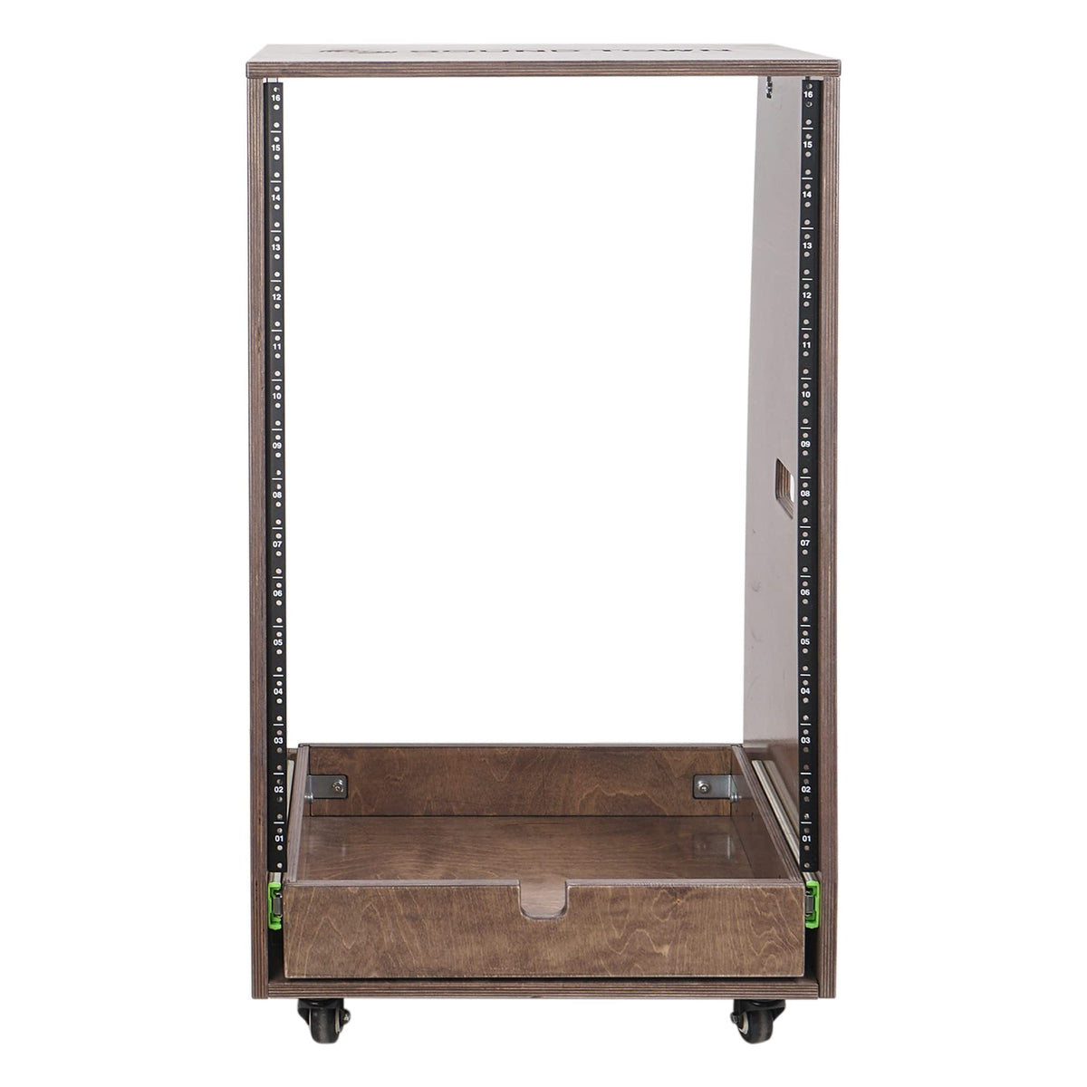 Sound Town 16U DIY Solid Baltic Birch Plywood Slanted Studio Rack with 16U Rack Space, Extra 2U Drawer, Rubber Feet, Casters, Weathered Brown (SDRK-16TBD2)