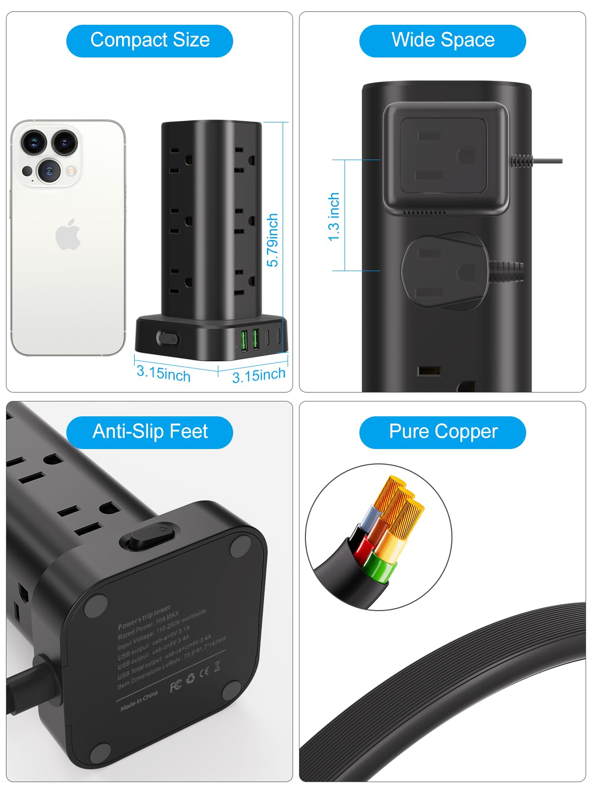 Power Strip with Wireless Charger, Flat Plug Surge Protector with 6FT Extension Cord, 12 AC Multiple Outlets, 4 USB (2 USB C), 15W Wireless Charging Power Tower for Home Office Dorm, Black