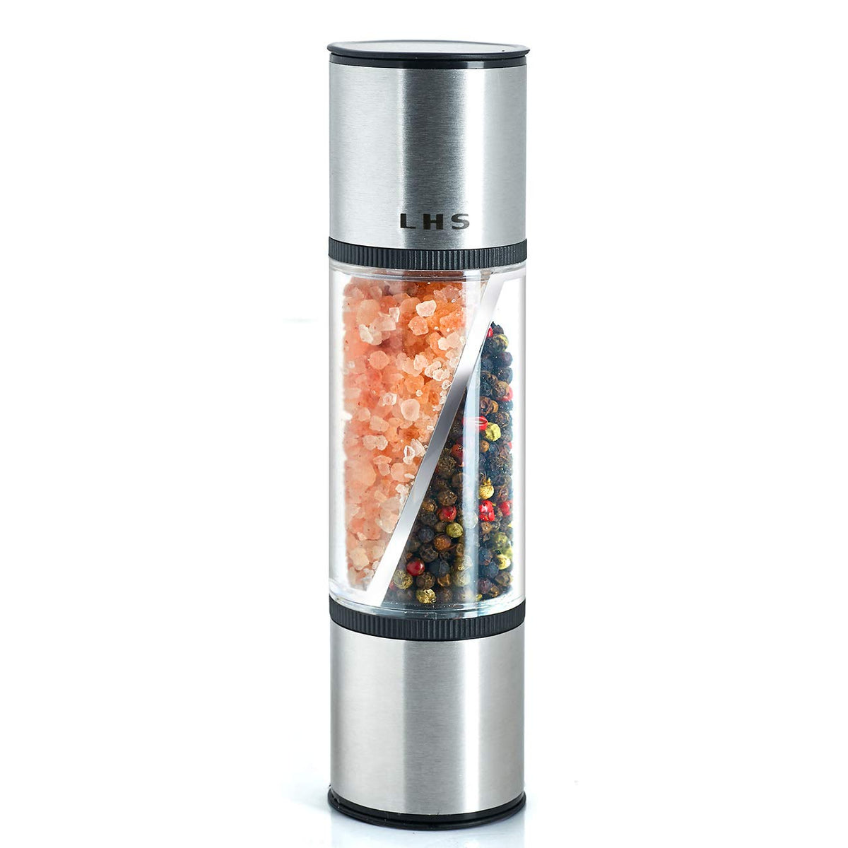 LHS 2 in 1 Salt and Pepper Grinder, Clear Acrylic Salt Grinders and Pepper Mill with Adjustable Coarseness Ceramic Rotor, Black