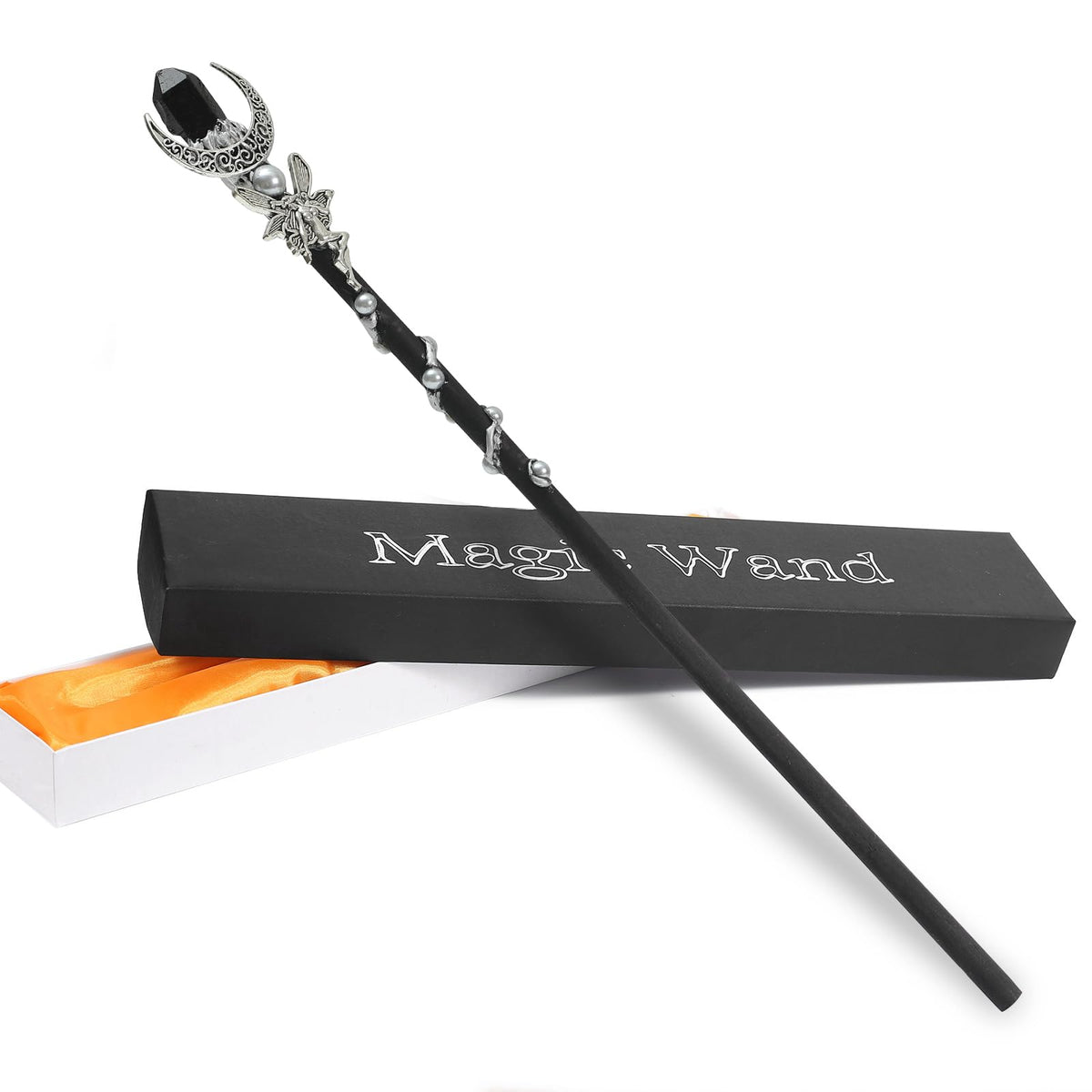 Bubbmi Black Crystal Magic Wand, Gemstone Moon Wizard Party Cosplay Accessories Sorcerer Collection Witchcraft Props with Gift Box(black4)