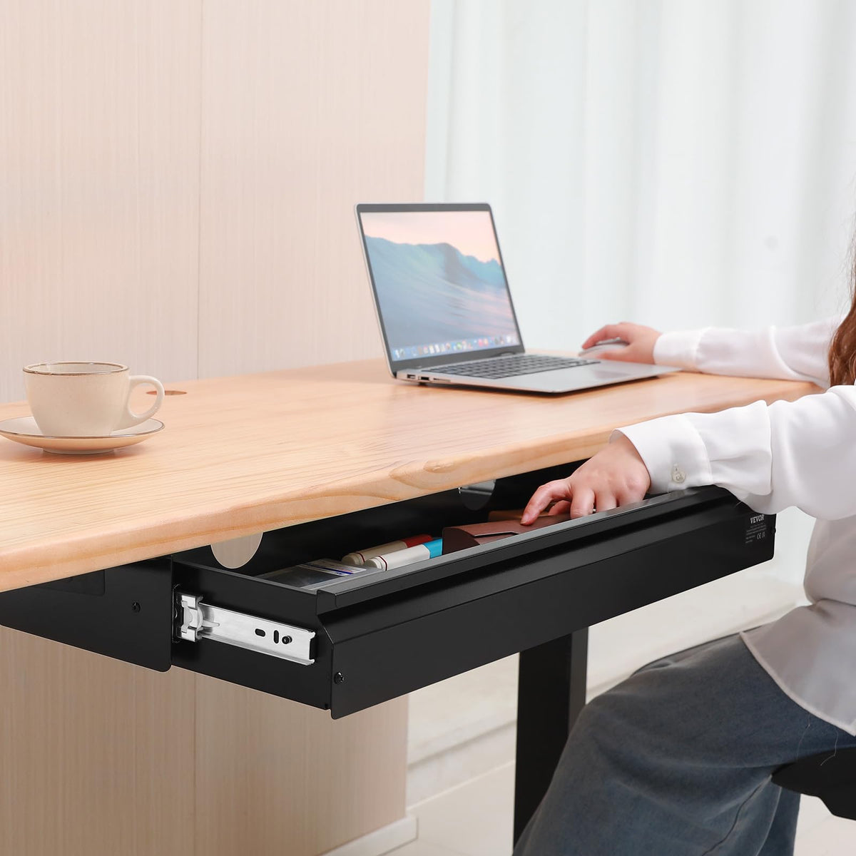 VEVOR Under Desk Drawer Slide Out, 33inch Under Desk Mounted Pull-out Drawer Attachment, Hidden Under Counter Drawers for office Home Sit Stand Workstation, Black