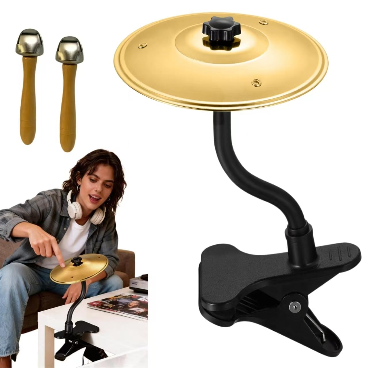 Xinghuifu Clip-On Desktop Cymbal – Gold-Tone Desktop Percussion Gadget for Instant Stress Relief, Easy to Install, Fits Any Desk Edge Securely – A Fun Gift for Work or Study Breaks