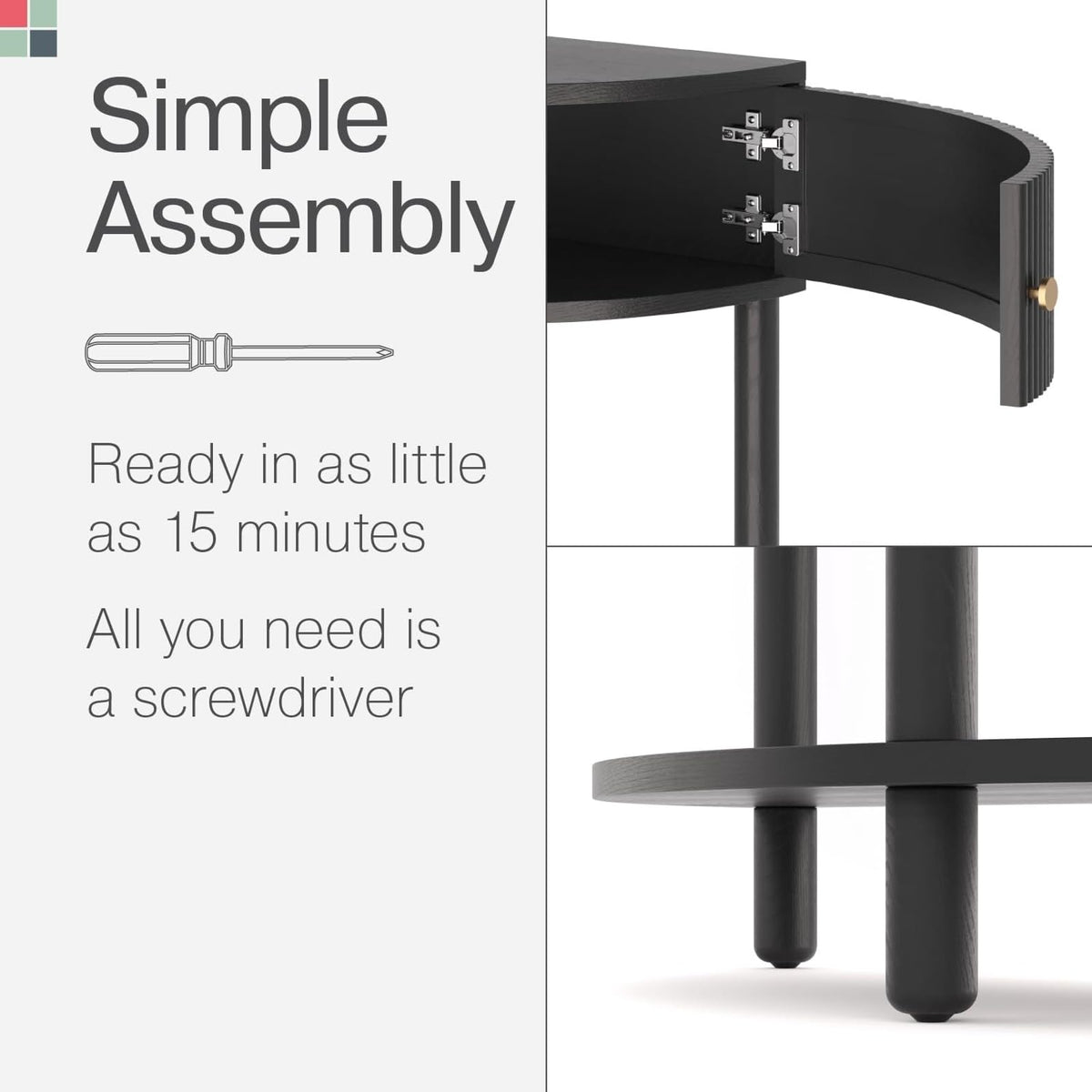 Stead Entryway Table Fluted Half Moon Console - Semicircular, Black Oak Veneer - Hidden Storage with Two Fluted Doors & Brass Knobs - Modern Narrow Console Table for Living Room & Hallway