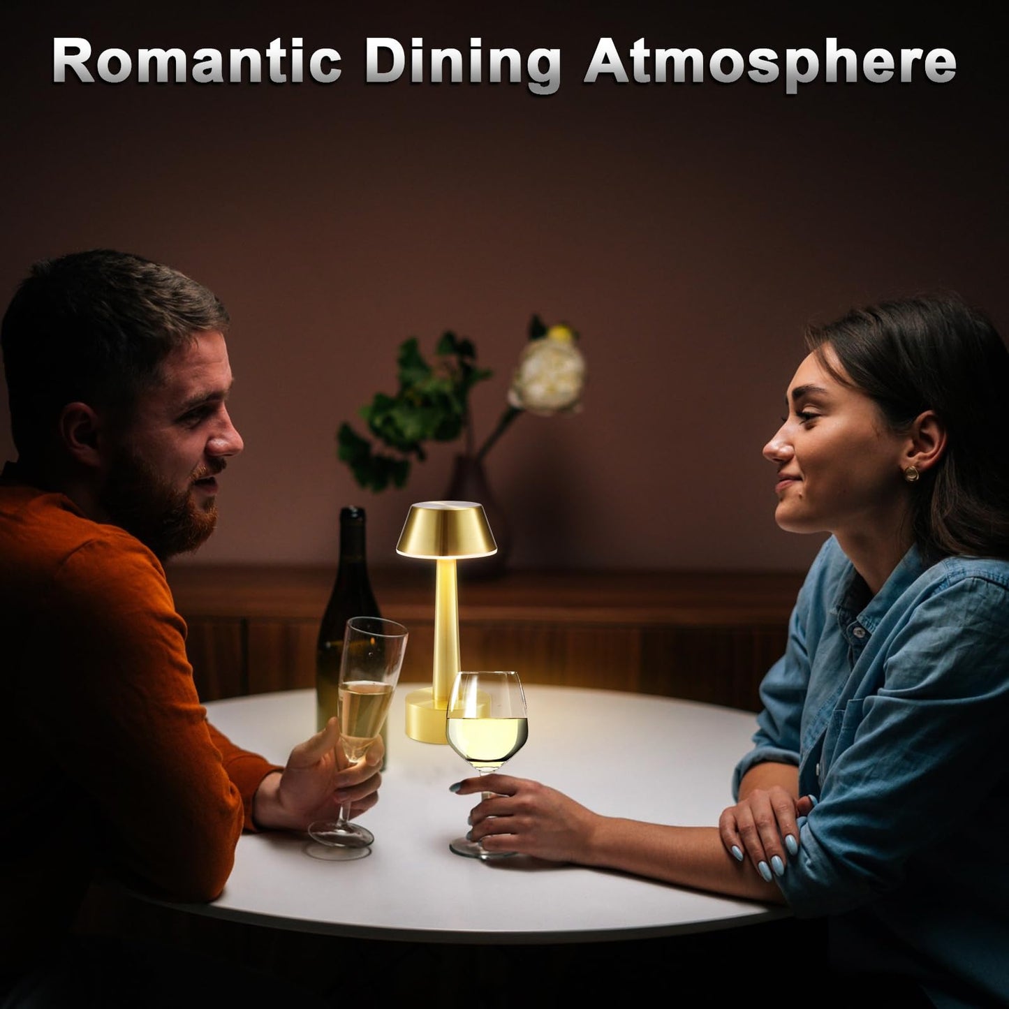 2 Pack Small Cordless Table Lamp, Battery Operated Gold Lamp for Restaurant Dinner Table, Rechargeable 3-Way Dimmable Touch Light Portable Metal Night Light for Bedside Dining Room Patio Bar Outdoor