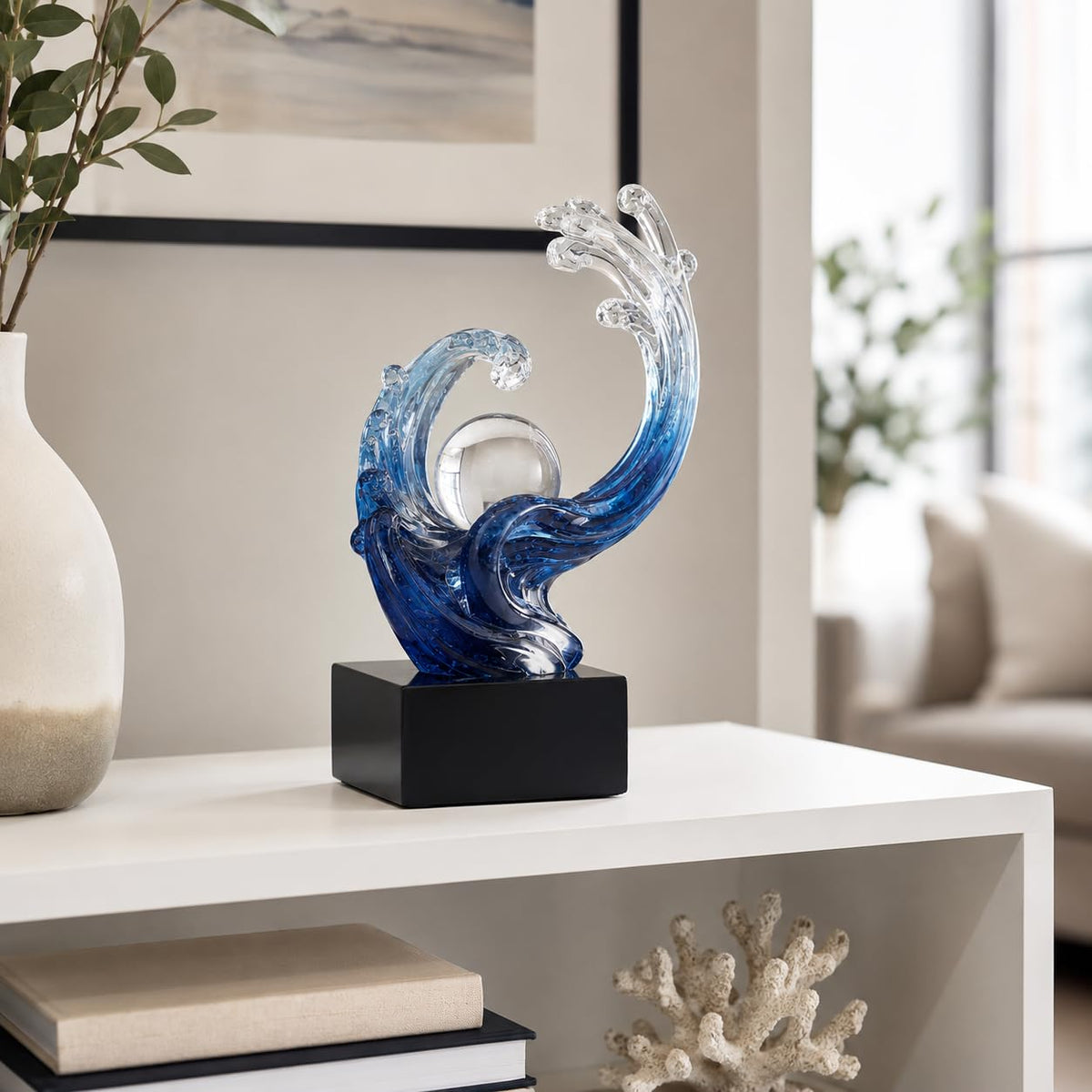 XYQXYQ Modern Abstract Decorative Wave Statue, Gold Abstract Art Home Decor,Crystal Ball Art Wave Resin Sculpture, Office Desk Stand, Dining Table Center Decorative Aesthetics (Blue)