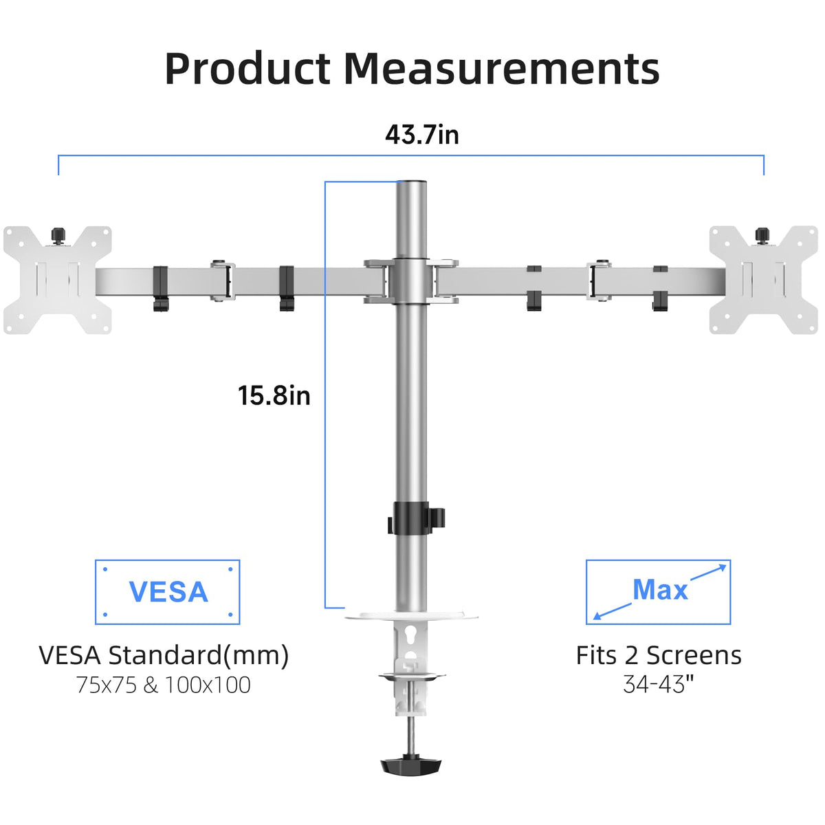 Suptek Dual Monitor Desk Mount, Adjustable Dual Monitor Arm for 2 Monitor Screens up to 43 inch, 15.75" Pole Monitor Stand for Desk, Holds up to 22 lbs,Silver(MD9442LS)