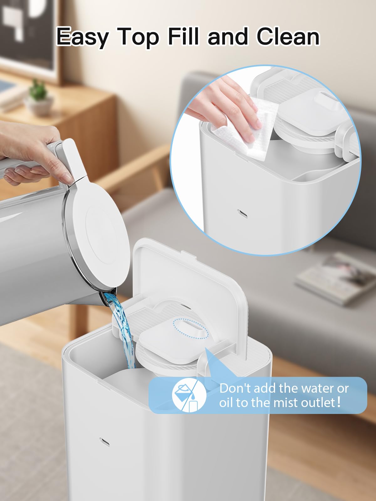 Zeova 10L/2.64Gal Humidifiers for Bedroom, Top Fill Quiet Ultrasonic Cool Mist Humidifier Large Room, Covers 550ft², 60H Runtime, 24H Timer, 3 Mist Modes Humidifiers for Home, Office, Plants, White