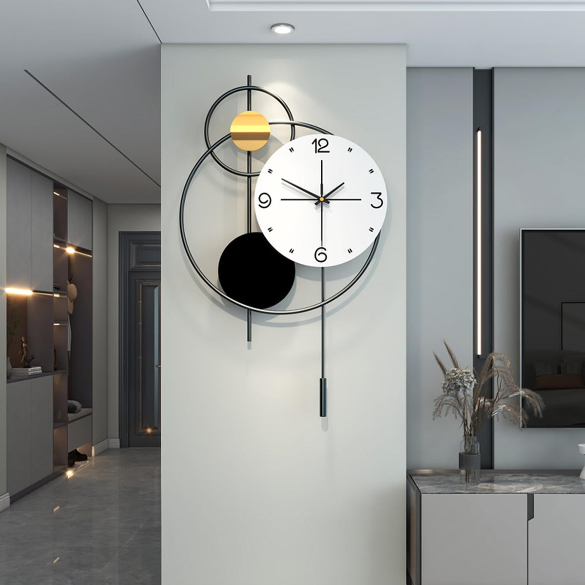 JUJUDA Large Wall Clock for Living Room Decor, Modern Decorative Metal Wall Clock with Pendulum for Bedroom Kitchen Office Decor, 13 Inch Big Silent Quartz Black Clock Battery Operated Non Ticking