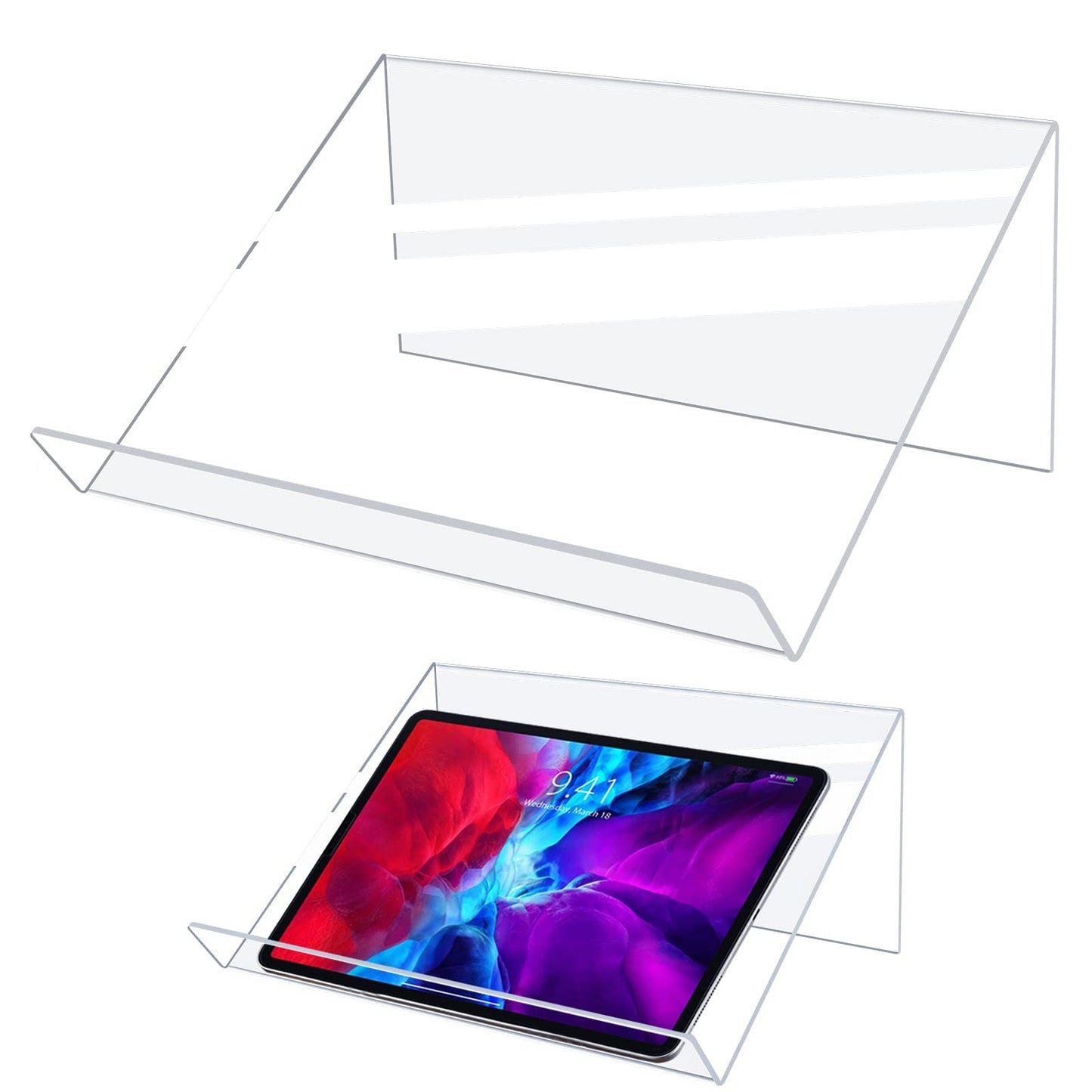 Kamehame Book Stands for Display, 2 Pack Slightly Elevated Clear Acrylic Book Display Stand with 1.5" Ledge, Book Easel Anti-slip Border for Handwriting Reading Art and Laptop, 12"x8.5"x5.1"