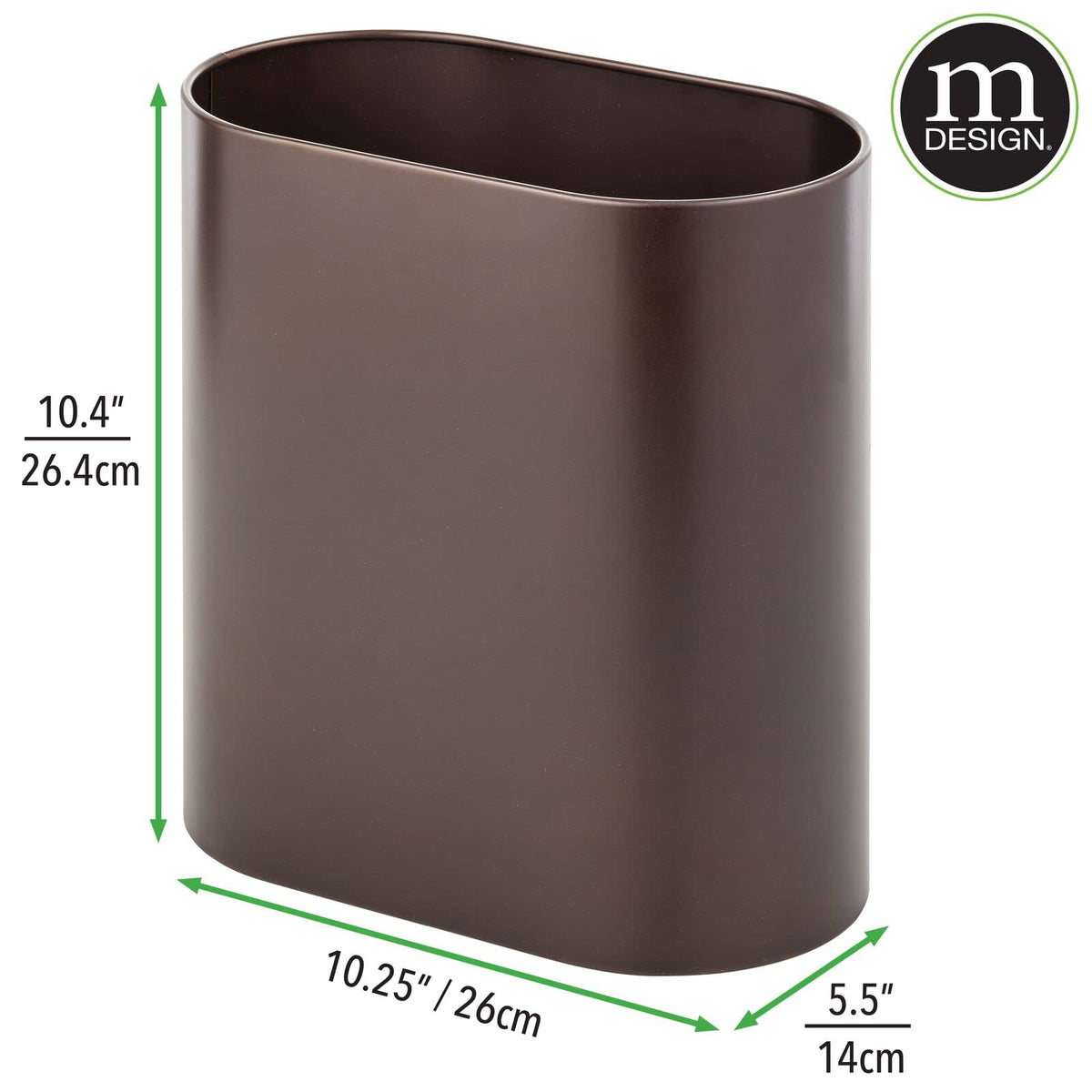 mDesign Slim Pill-Shaped Metal 1.98 Gallon/7 Liter Recycle Trash Can Wastebasket, Garbage Container Bin - Bathroom, Kitchen, Bedroom, Office - Durable Stainless Steel, Mirri Collection, Bronze