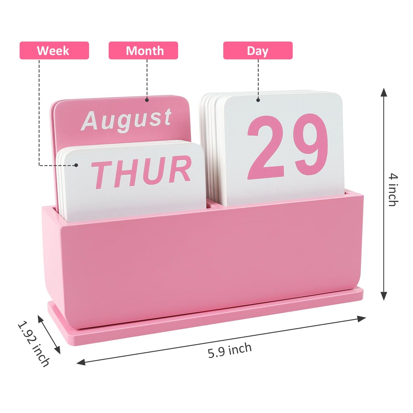 DEERINE Wooden Block Perpetual Calendar for Desk, Daily Desktop Standing Flip Calendar with Large Display, Modern Farmhouse Aesthetic Desk Accessories for Home Office Decor, Reusable Yearly, Pink