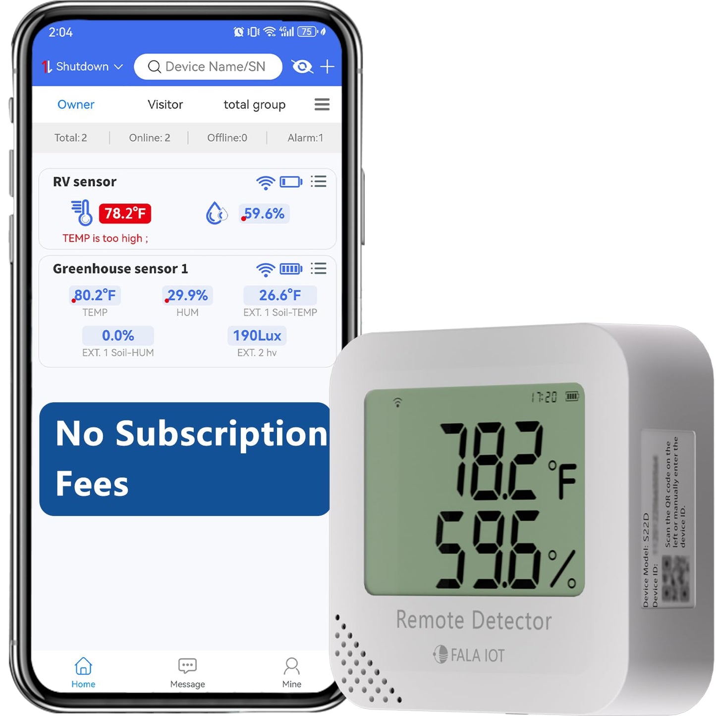 Remote WiFi Temperature & Humidity Sensor, No Subscription 24/7 Remote Temp Monitor with Email, Text Alerts, Sound & Light Alarm, Idea for RV, Pet, Greenhouse, Farm, Freezer, Server Room