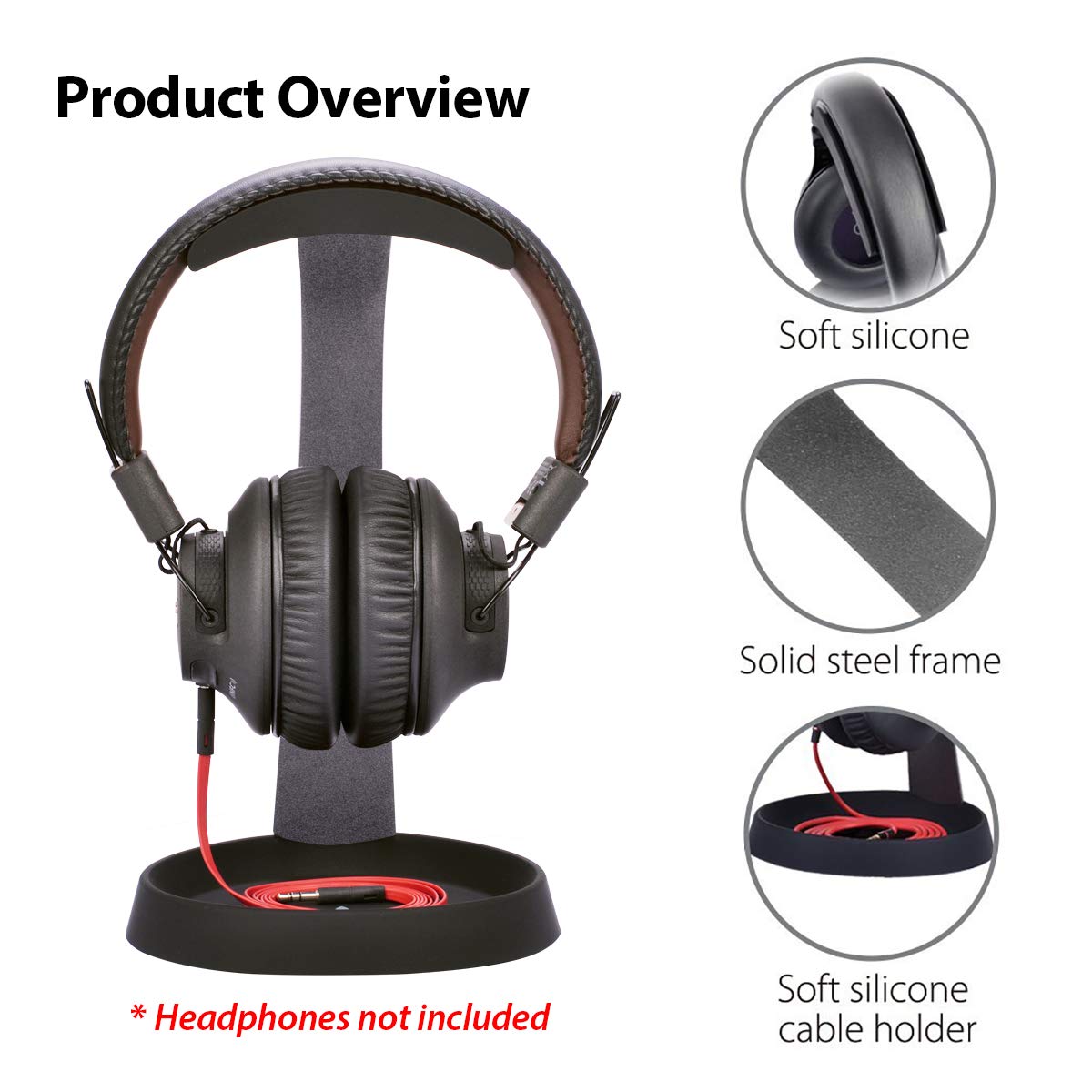 Avantree HS102 - Metal & Silicone Headphone Stand Hanger with Cable Holder, Black Desk Earphone Mount Rack, Fancy Music Studio Accessories