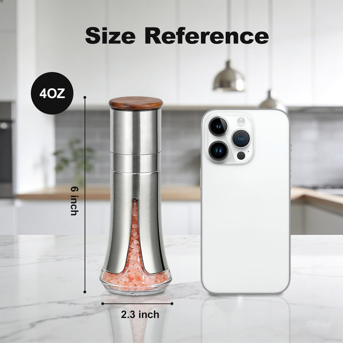 Aelga Salt and Pepper Grinder Set Manual - 4oz Stainless Steel Pepper Mill with 5-Level Adjustable Coarseness, Refillable Glass Salt Grinder with Wood Lid, Silicone Funnel, Modern Kitchen Gift Set
