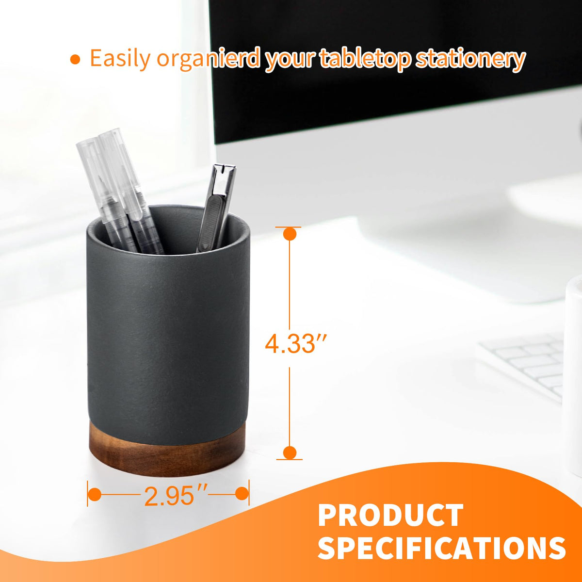 Officepal Ceramic Pen Holder for Desk, Pencil Organizer & Makeup Brush Holder, Office Decor and Desk Accessories, Perfect Office Organization, Teacher Supplies (Dark Grey, Set of 1)