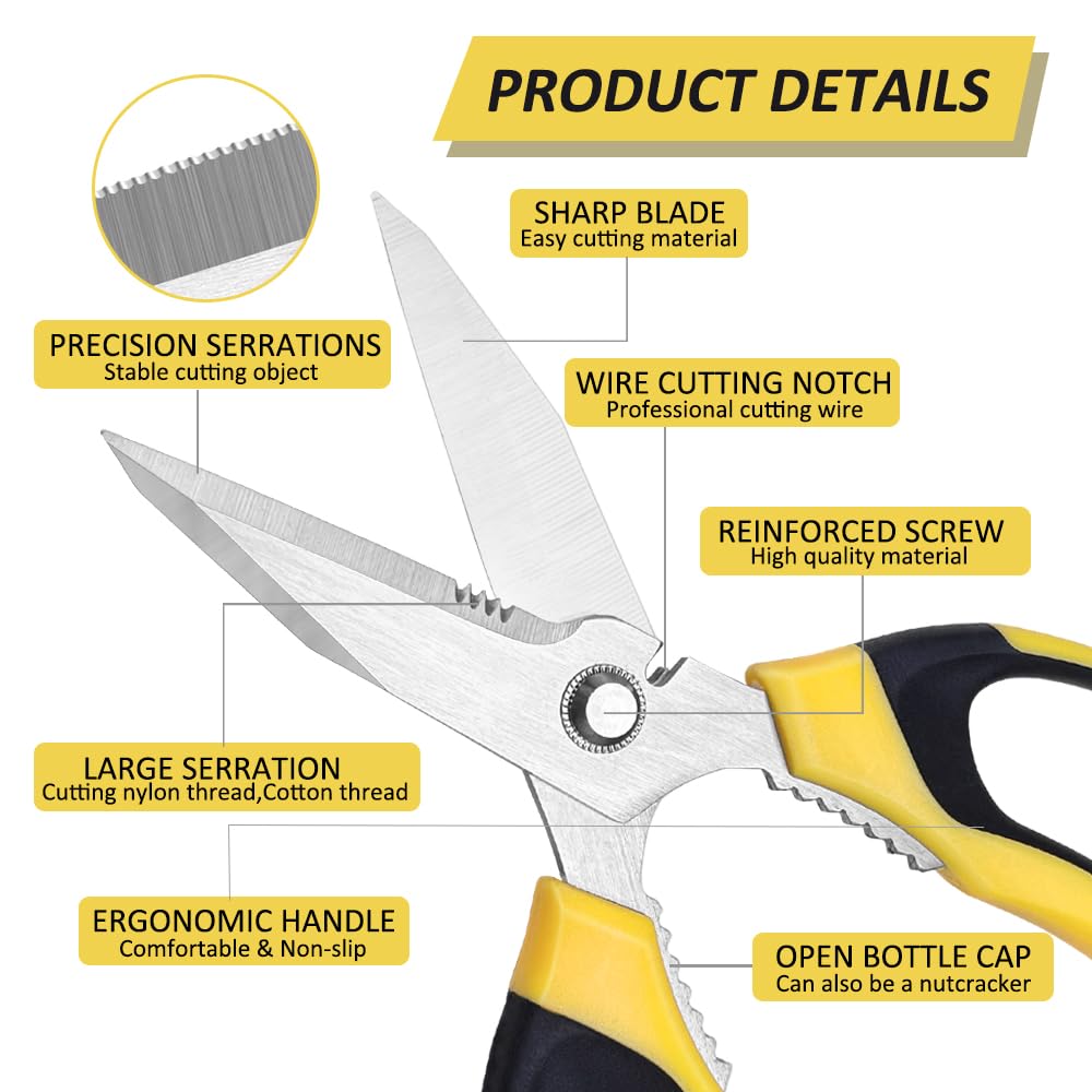 Heavy Duty Scissors, Sharp Scissors All Purpose Heavy Duty with Serrated Edge, Comfortable Non-Slip Handle, Easy Cutting Cardboard, Wires, Fabric, Leather, Iron Mesh (Yellow)