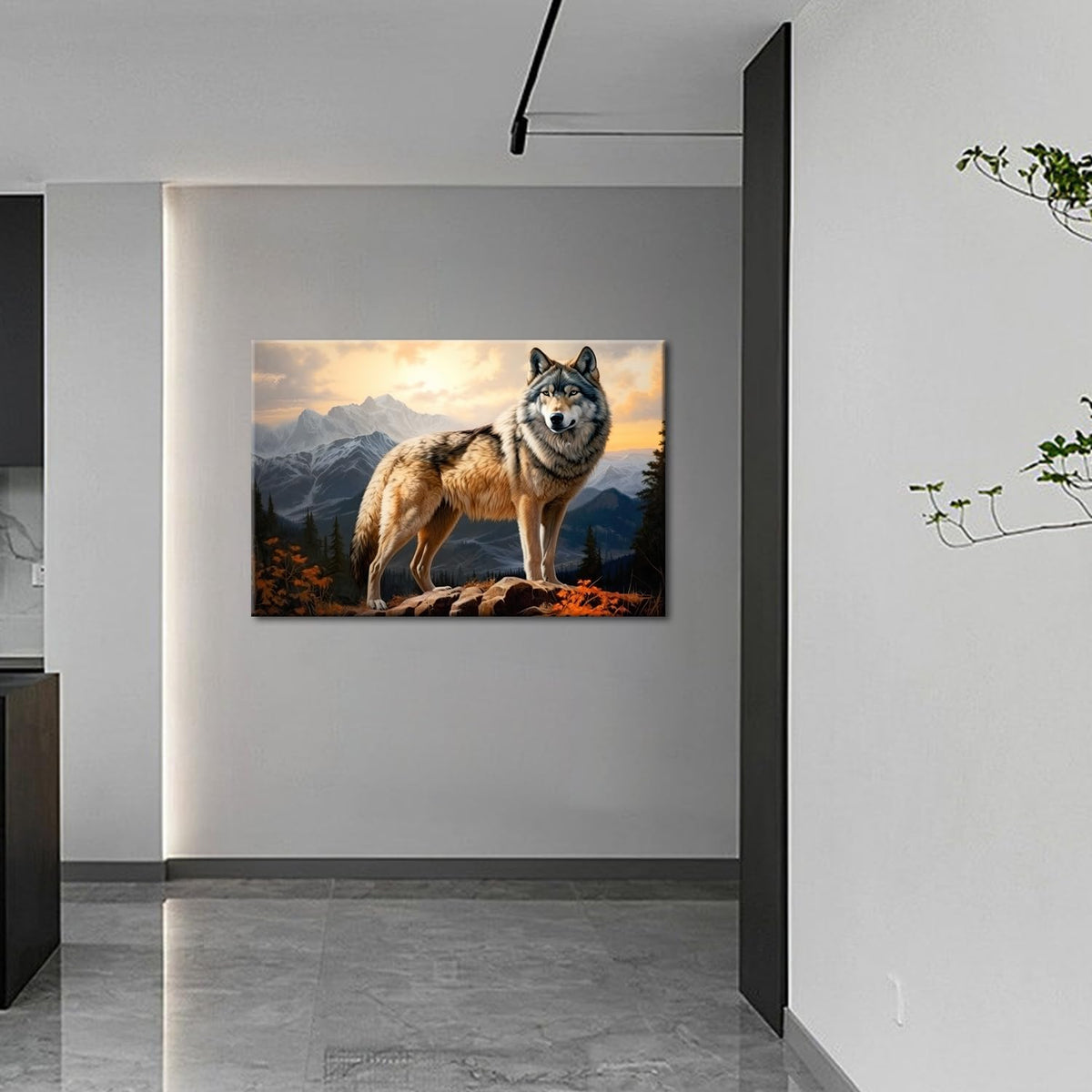 Wolf Wall Art Canvas Wolf in the Mountains Wildlife Landscape Forest Rocky Poster Artwork Framed Modern Home Office Bathroom Living Room Decor