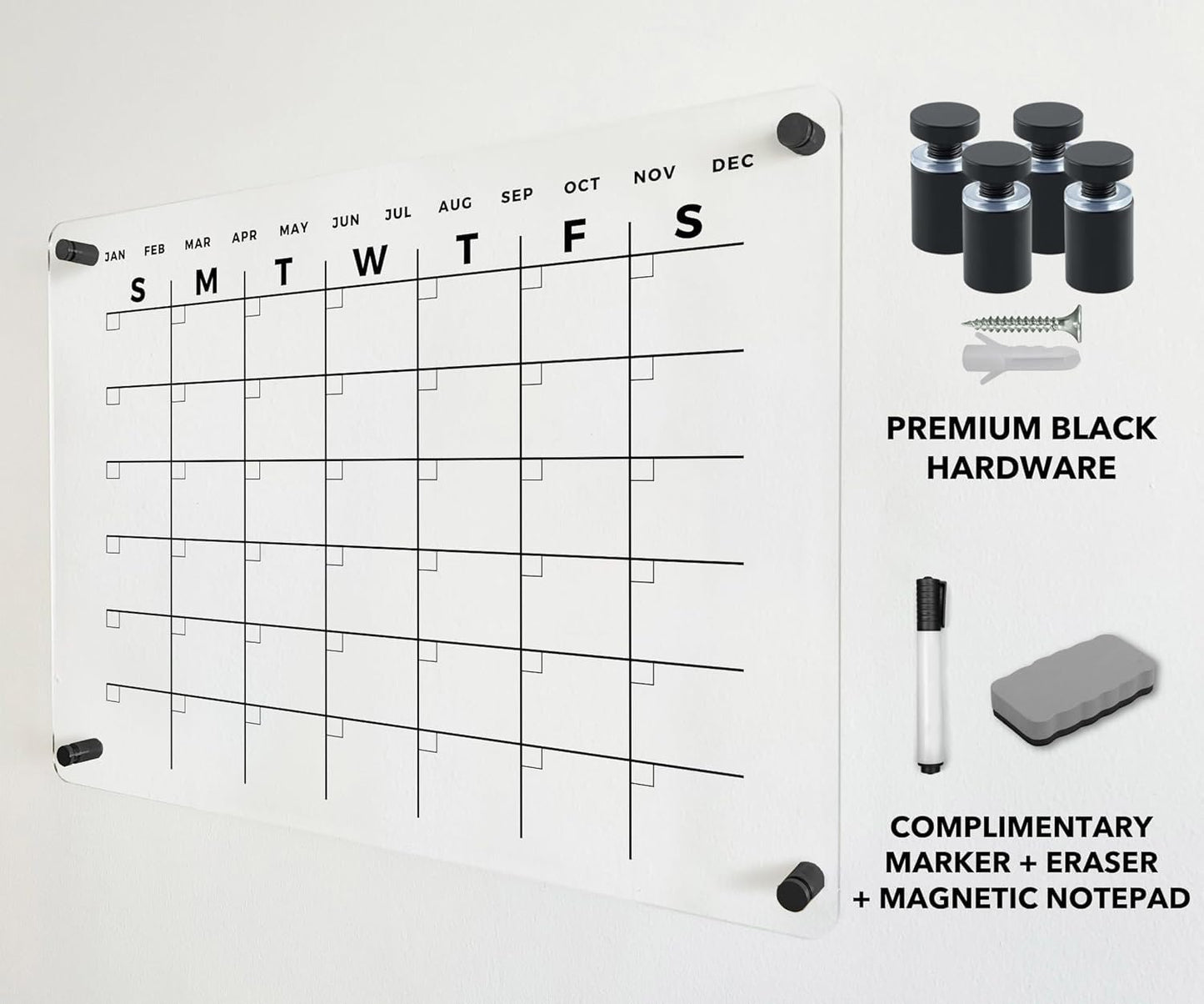 Premium Large Acrylic Wall Calendar - Reusable Board for Office and Home - Dry Erase Board - Large Glass Calendar for Wall (40x28" (XLarge), Black Standoff)