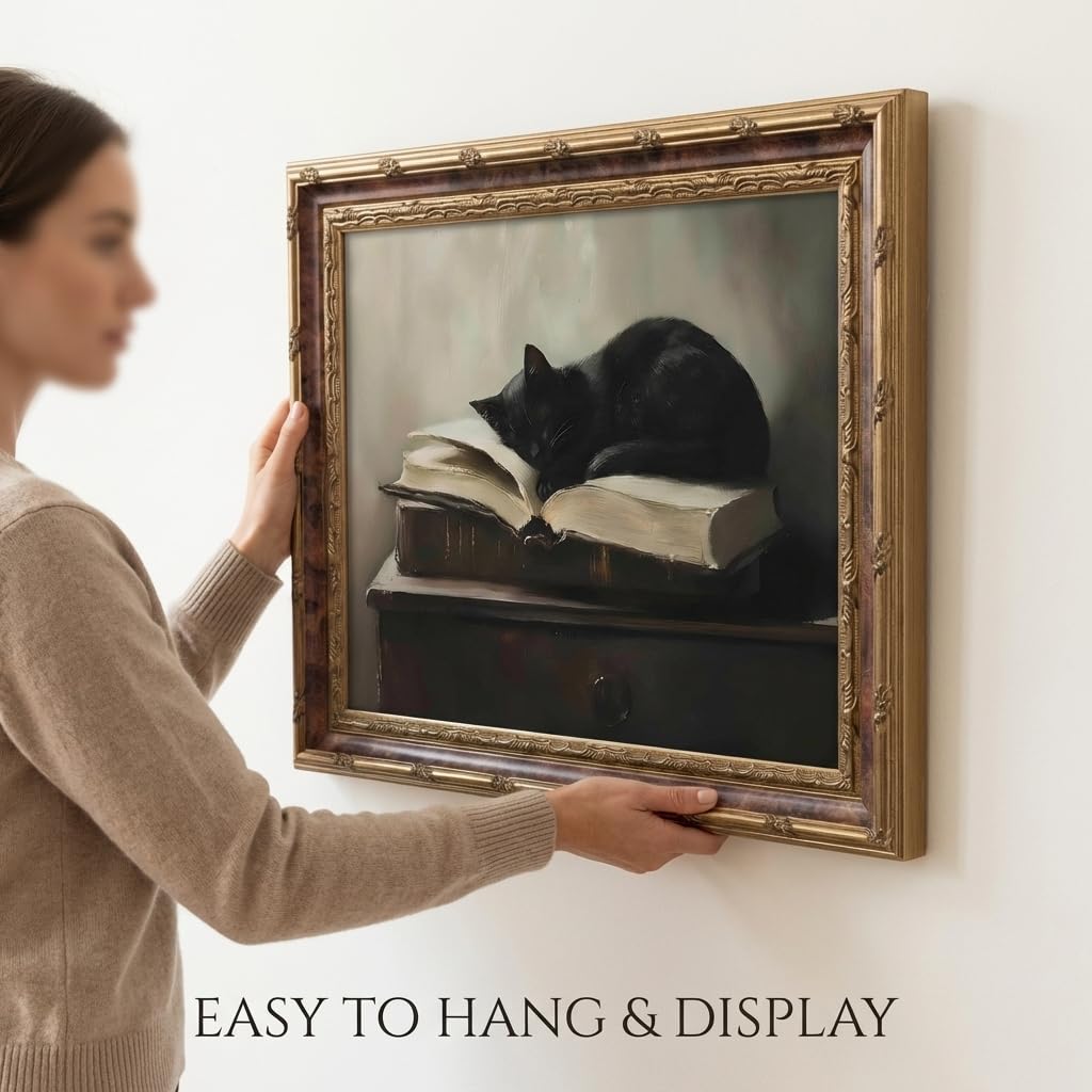 Framed Vintage Black Cat Wall Art Canvas Print Retro Animal Painting Picture Moody Rustic Farmhouse Artwork for Living Room Bedroom Office, Ready to Hang 8x10 Inches