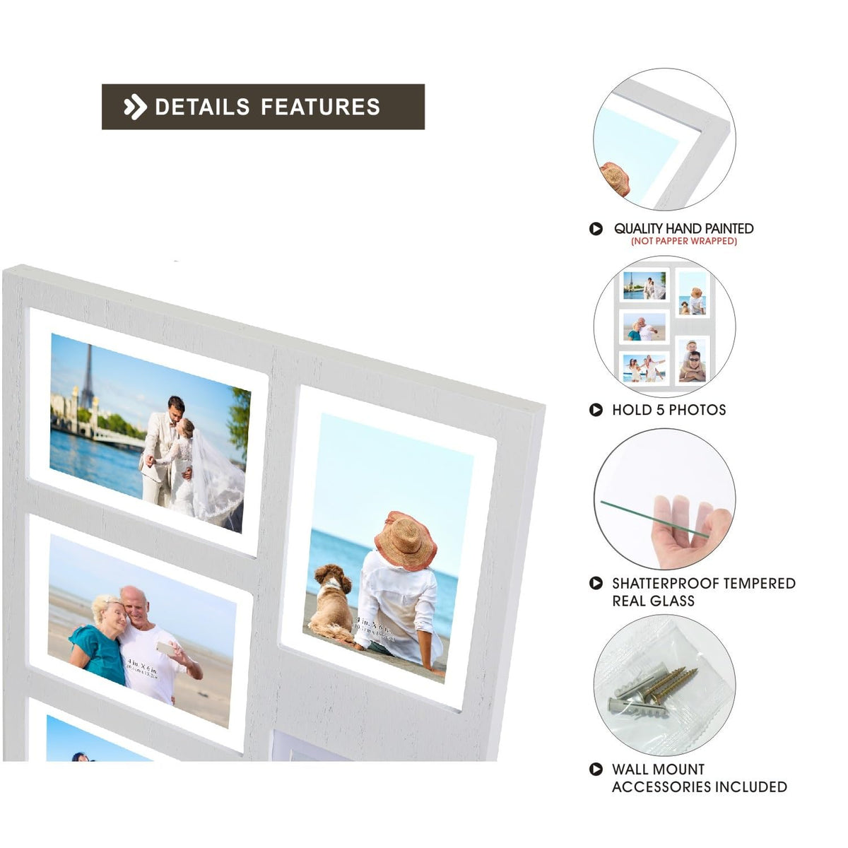 UMICAL 4x6 5-Opening Picture Frame with Shatter-Resistant Glass & White Wood 4x6 Collage Photo Frames for 4x6 Brushed Modern Black 5-Open Frame Made for Tabletop Stand and Wall Mounting
