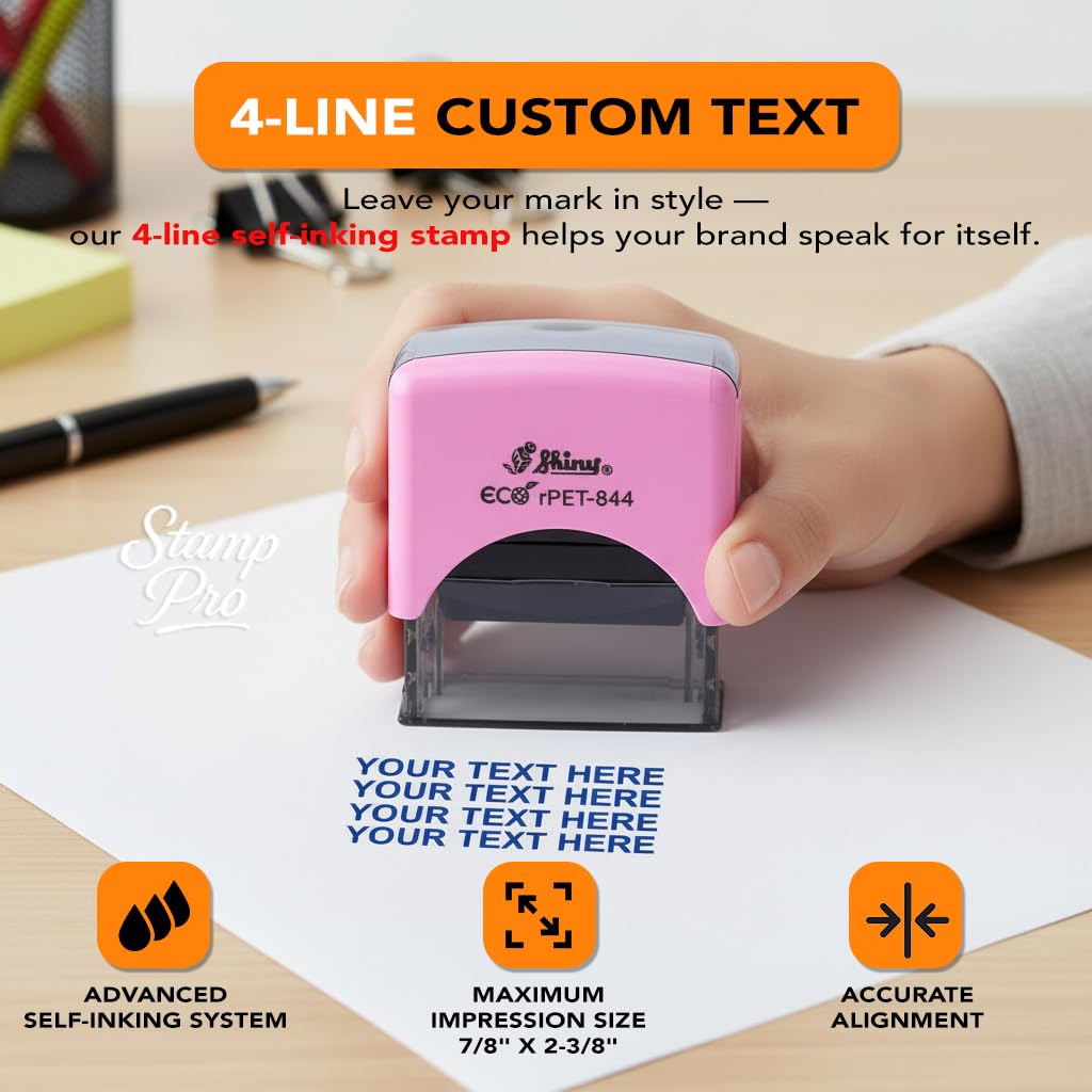 Stamp Pro Pink Self Inking 4 Line Custom Stamp – Personalized Name or Text Stamp for Home, School, Crafts & Business Use