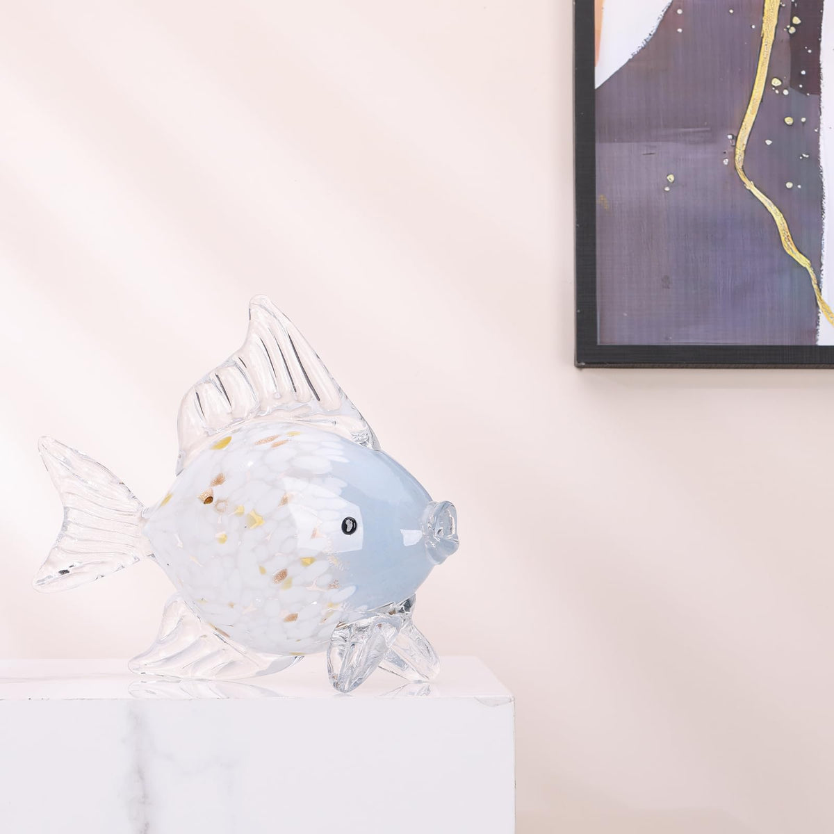 Large Hand Blown Glass Fish Figurines, Aquarium Sea Glass Art, Blue White Fish Statue Sculpture Modern Coastal Accent - for Beach Knick Knacks, Coffee Tables, Nautical Offices Centerpiece