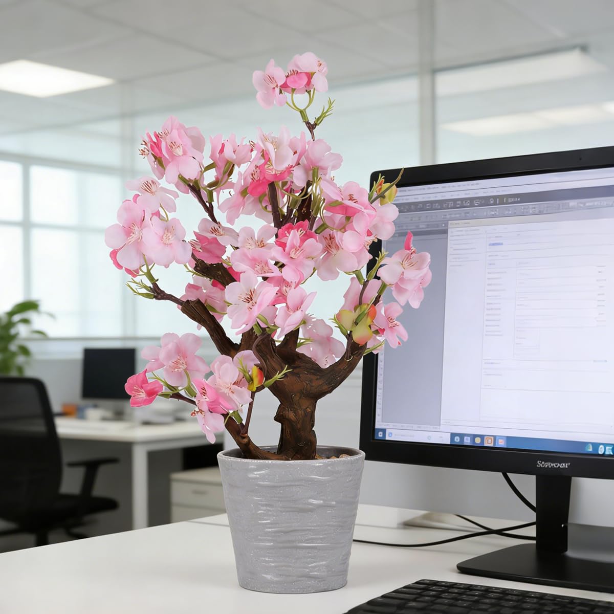 KAIRNE Artificial Pink Cherry Blossom Potted,13" Tall Fake Bonsai Flowers Tree,Lifelike Floral Faux Plants,Realistic Decorative Flowers Potted,Spring Decoration Home Office Desk Decor