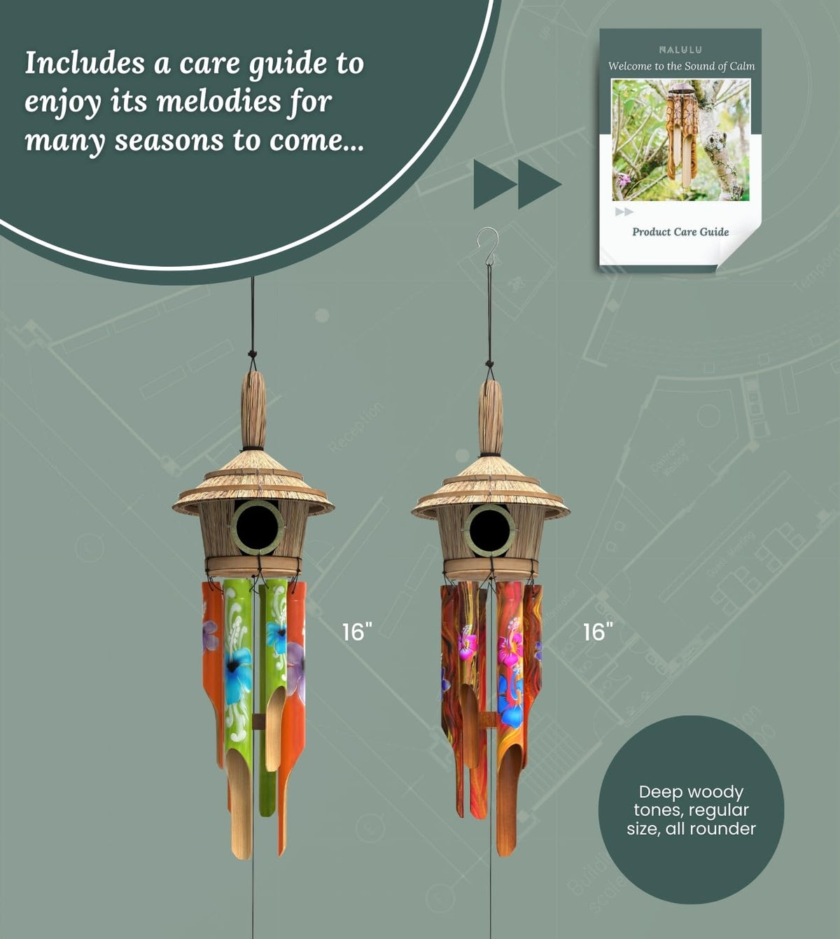 Nalulu House Bamboo Wind Chimes - Outside Outdoor Wooden Windchimes with Birdhouse, Handcrafted with Calming Deep Tones, Perfect Home Decor or Gift for Him and Her