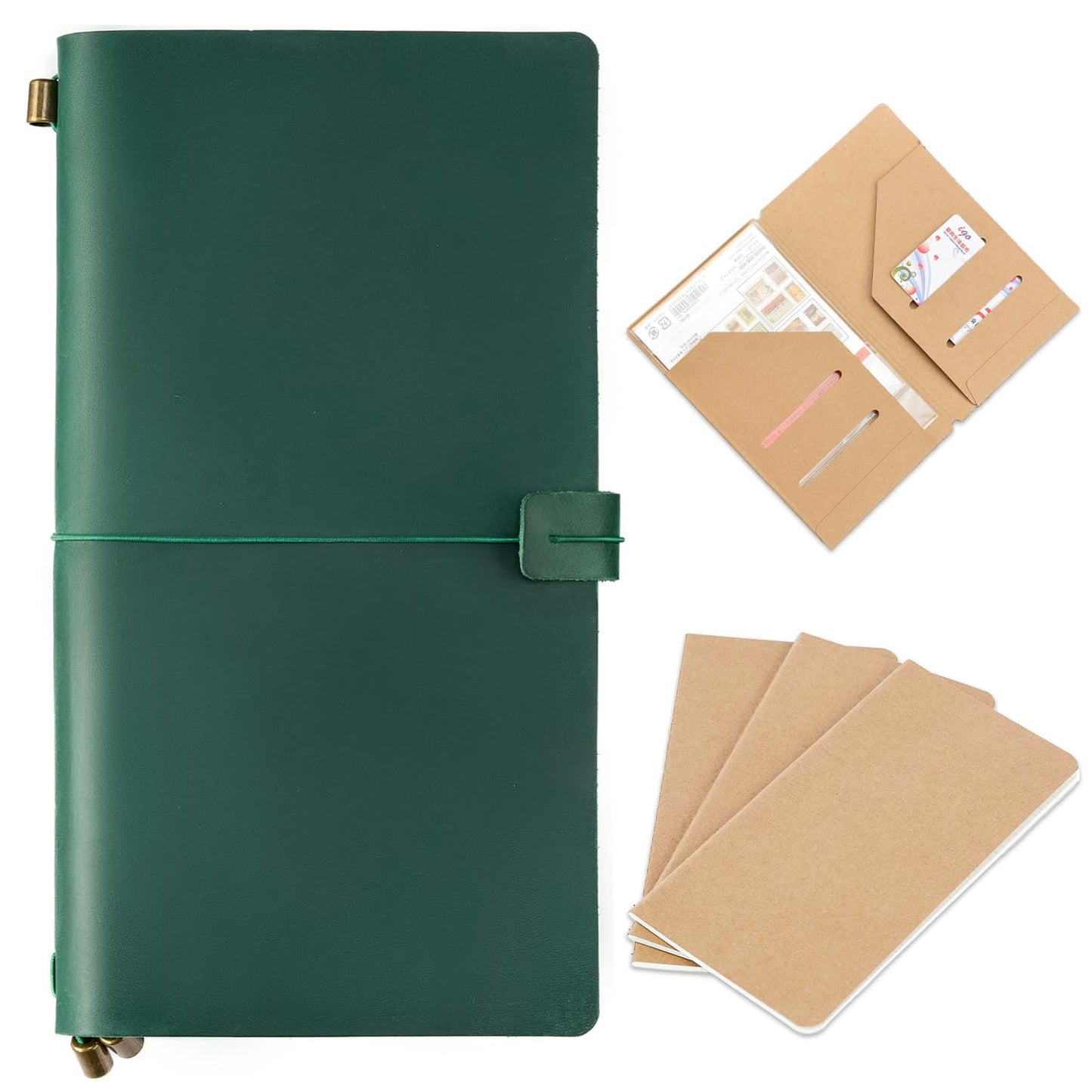 Ox Knight Refillable Leather Travelers Notebook, 8.6 x 4.9 Standard Size Travel Diary for Men and Women, Genuine Leather Travel Journal with 3 Notebook Inserts for Writing, Sketching & Planning, Green