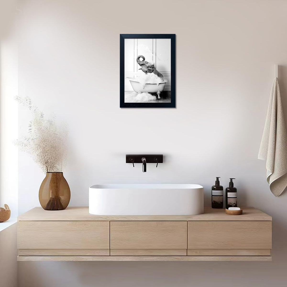 Framed Bathroom Decor Wall Art Elephant in Bathtub Pictures Wall Decor Funny Black and White Animal Canvas Print Artworks for Bathroom