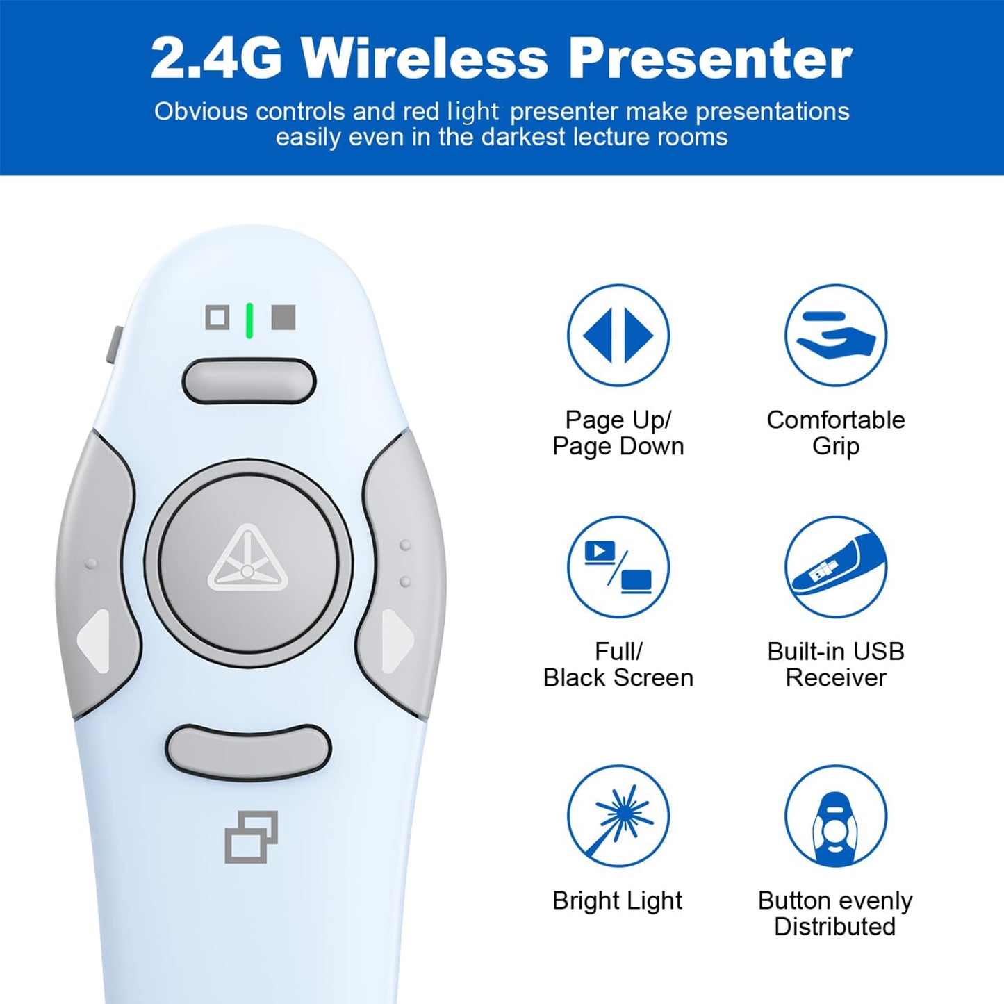QUI Presentation Clicker Wireless Presenter Remote Clicker for PowerPoint Presentation Remote, PowerPoint Slide Advancer for Mac/Windows/Linux, Google Slide/PPT/Keynote, USB A, Blue